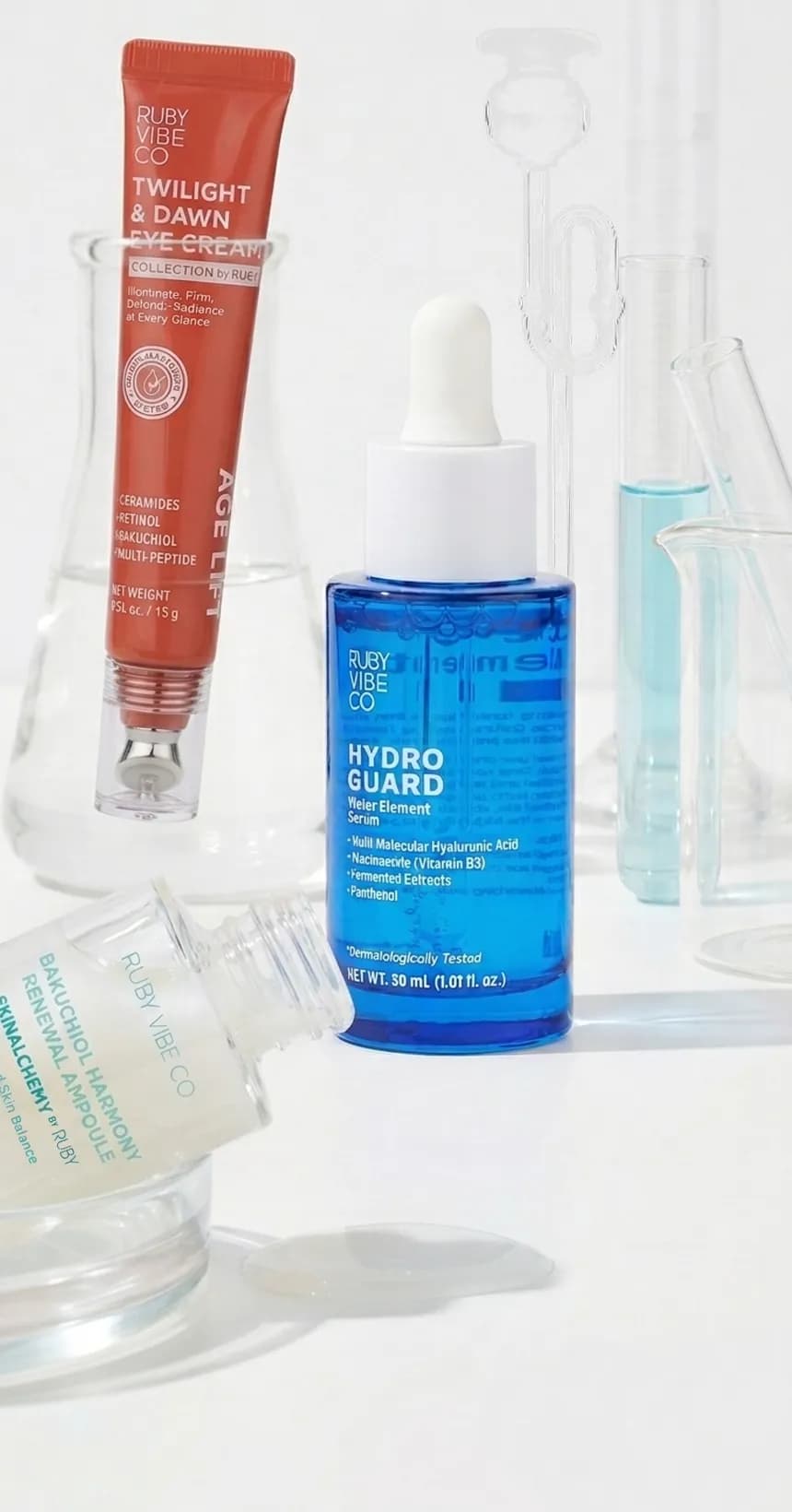 Ruby Vibe Co science-backed skincare products displayed with chemistry glassware