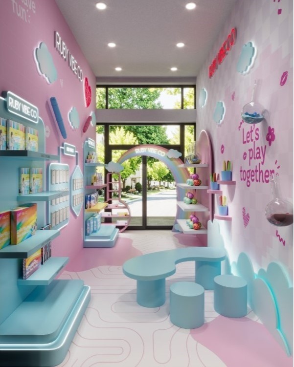 Ruby Vibe Co kids-friendly beauty playroom pop-up with pastel decor, product shelves, play tables, and cloud wall art.