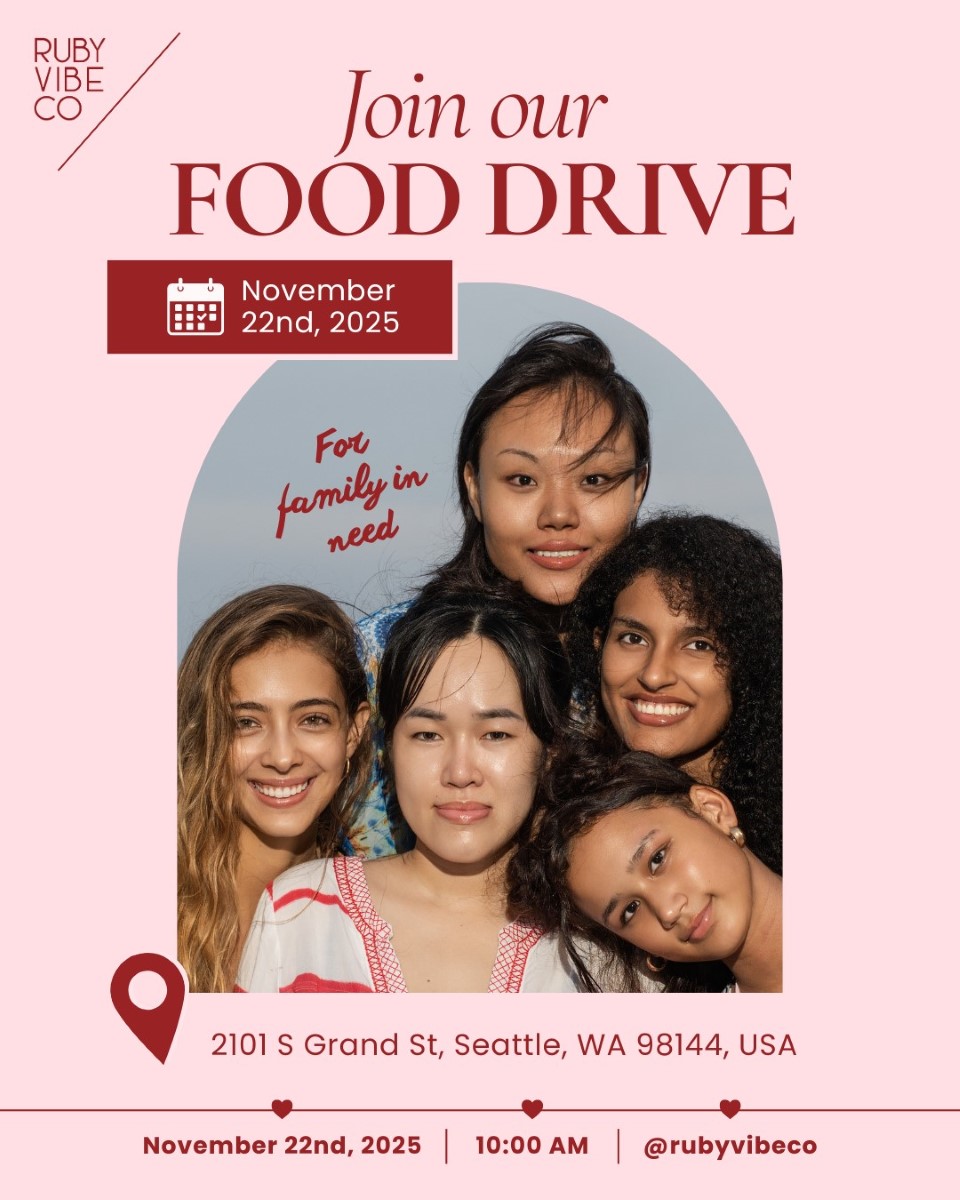 Ruby Vibe Co Food Drive poster featuring a group of diverse women smiling, event date November 22, 2025, and location Salon You Group, Seattle WA.