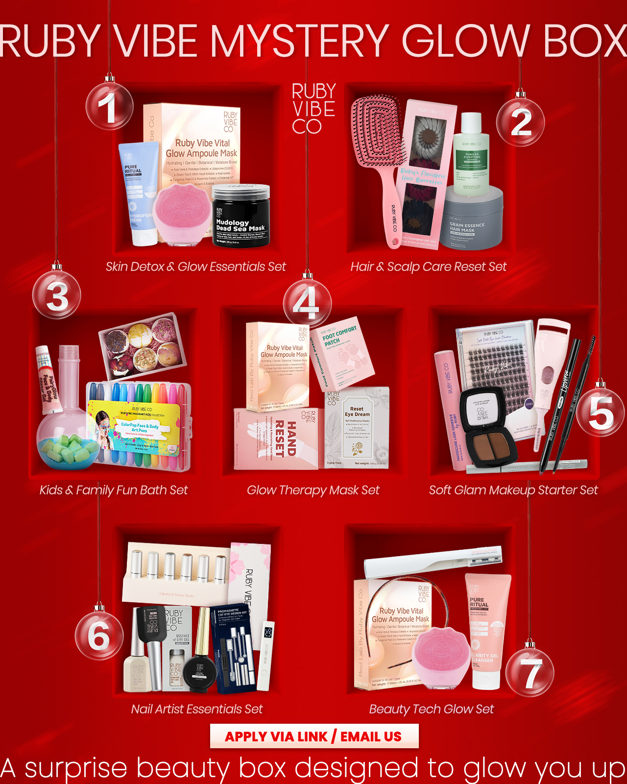 Ruby Vibe Co event booth with prize wheel, product shelves, pink flooring, and promotional signage.