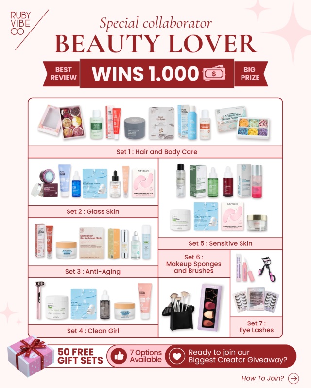 Ruby Vibe Co Beauty Lover giveaway poster showcasing seven curated beauty sets and a $1,000 grand prize for the best review, featuring skincare, makeup tools, hair care, and lash sets.