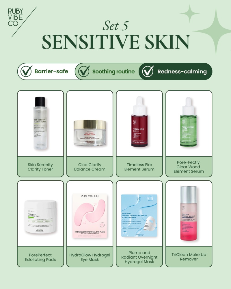 Ruby Vibe Co Set 5 Sensitive Skin Routine with exfoliating pads, beauty wand, gentle cleanser, hydrating masks, soothing serum, and ceramide cream.