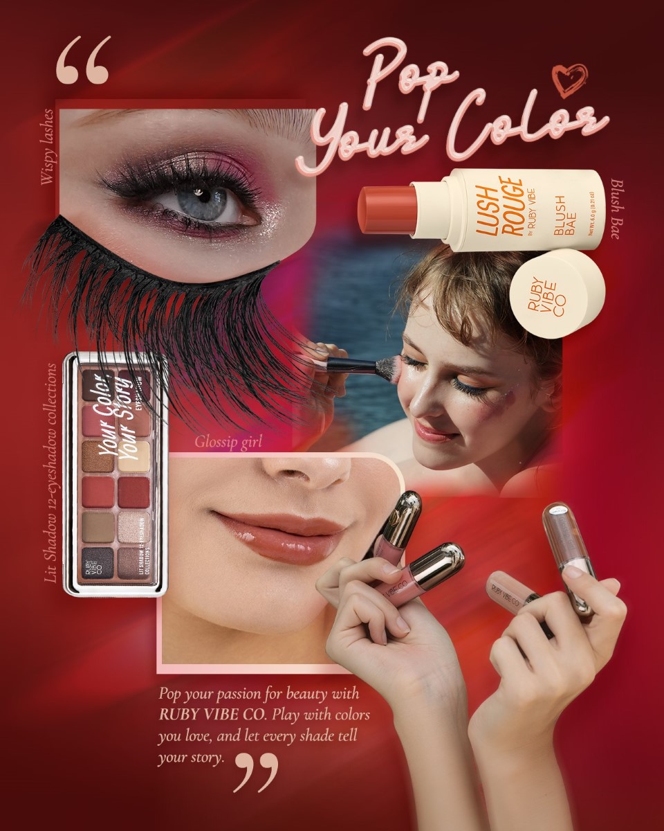 Ruby Vibe Co Valentine Pop-Up Event poster showing makeup products, pink-red aesthetic, and models applying lip colors promoting Clean Girl and Glass Skin collections.
