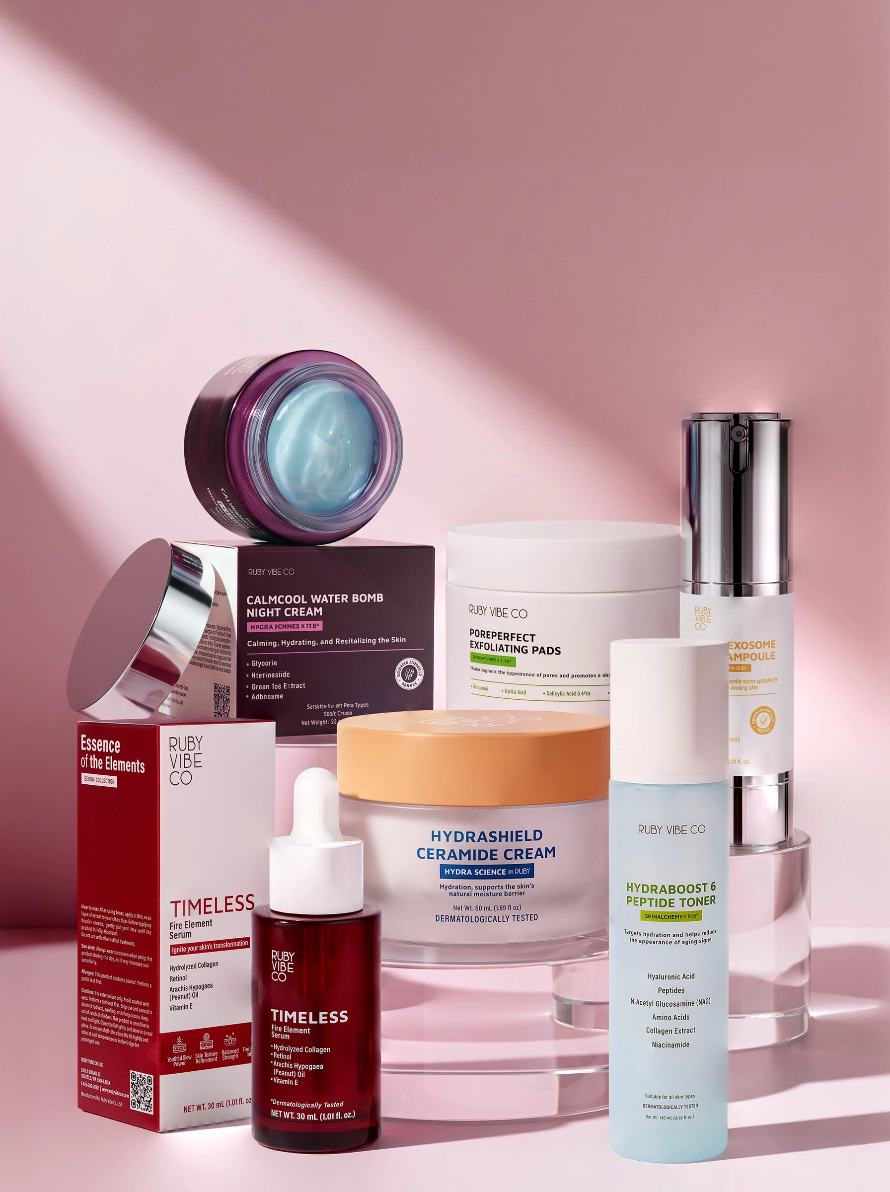 Range of hydrating cream, serum, and toner products for a daily skincare routine