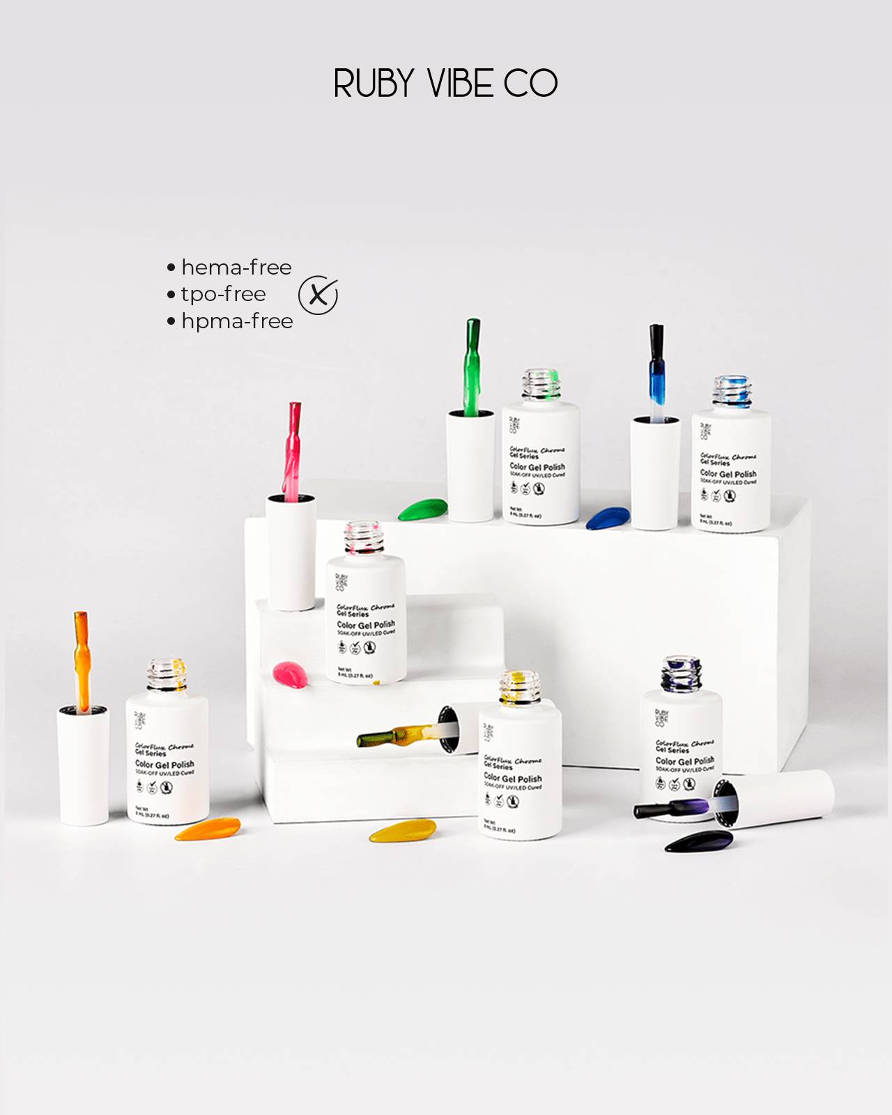 A stylish display of 'Ruby Vibe Co' Color Gel Polish bottles with colorful brushes, highlighting various trending shades for gel nail art designs.