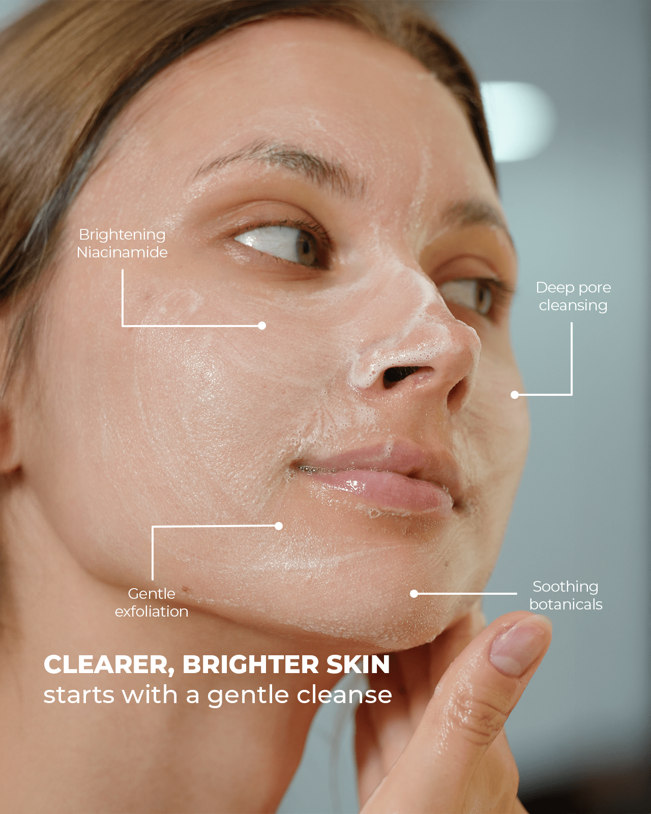 A person's face covered in foaming cleanser, with text highlighting key ingredients and benefits like Niacinamide and deep pore cleansing for a brighter complexion.