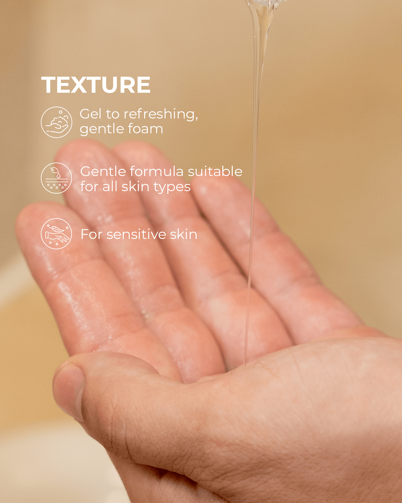 A hand holds a clear gel cleanser with text overlays explaining its gentle, refreshing, and sensitive-skin-friendly formula.
