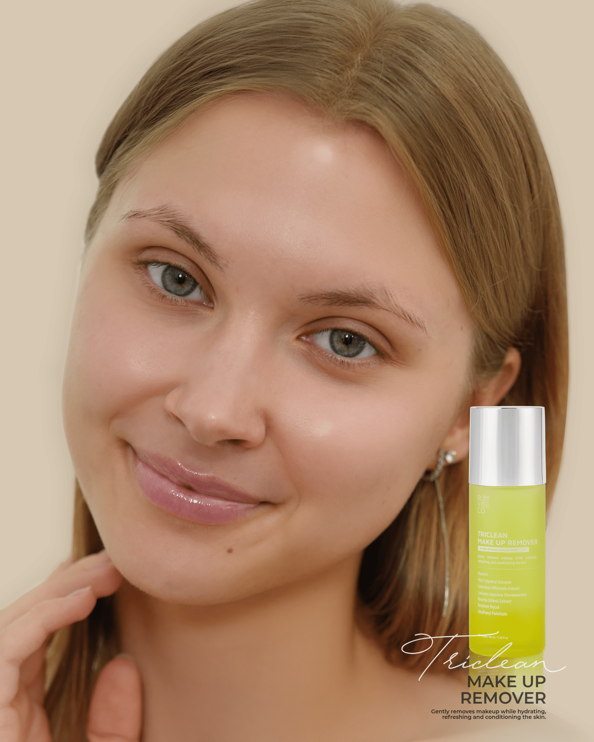 A smiling woman with a bottle of 'Triclean Make Up Remover' beside her, emphasizing the product's ability to gently remove makeup while hydrating and refreshing the skin.