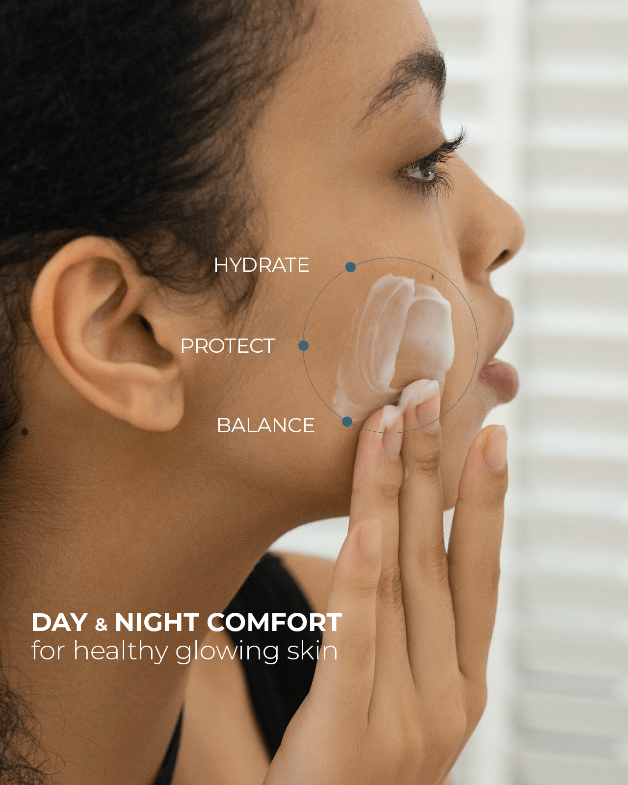 A person applies a cream to their face, with callouts for the benefits "Hydrate," "Protect," and "Balance," promoting healthy and glowing skin.