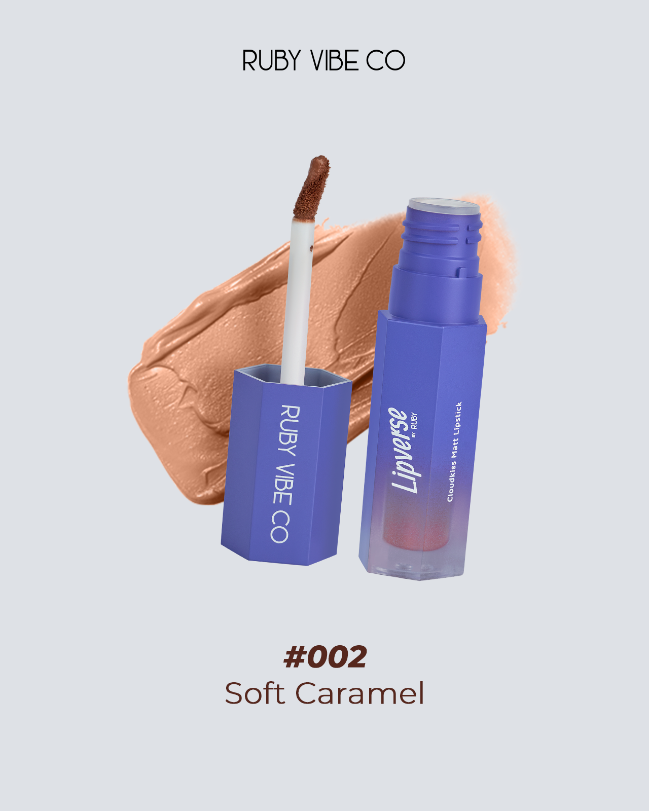 A product shot of 'Ruby Vibe Co Lipverse' Cloudkiss Matt Lipstick in shade #002 Soft Caramel, a perfect nude lipstick for warm skin tones.