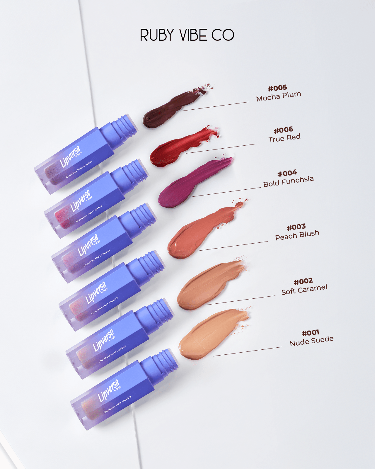 A product shot of 'Ruby Vibe Co Lipverse' liquid lipsticks in various red and nude shades, providing options for every skin tone.
