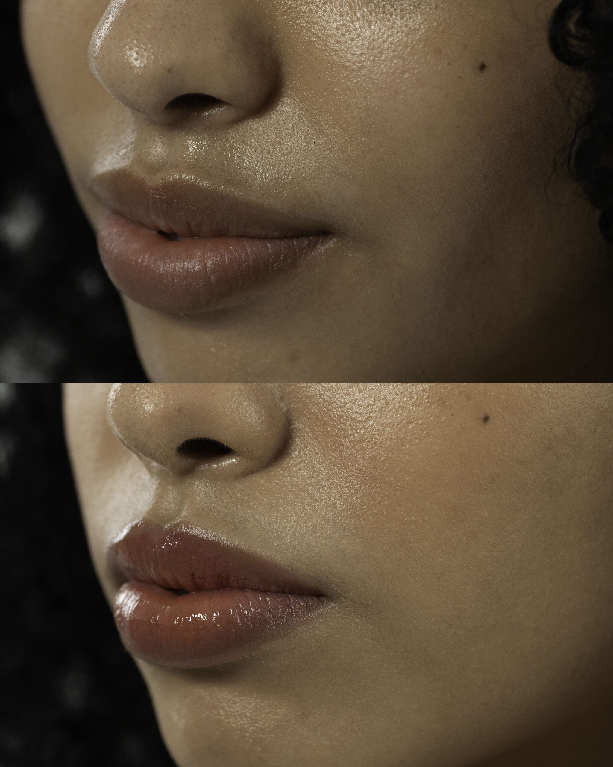 A close-up of a person's lips, showing a before and after comparison of a flawless lip finish.