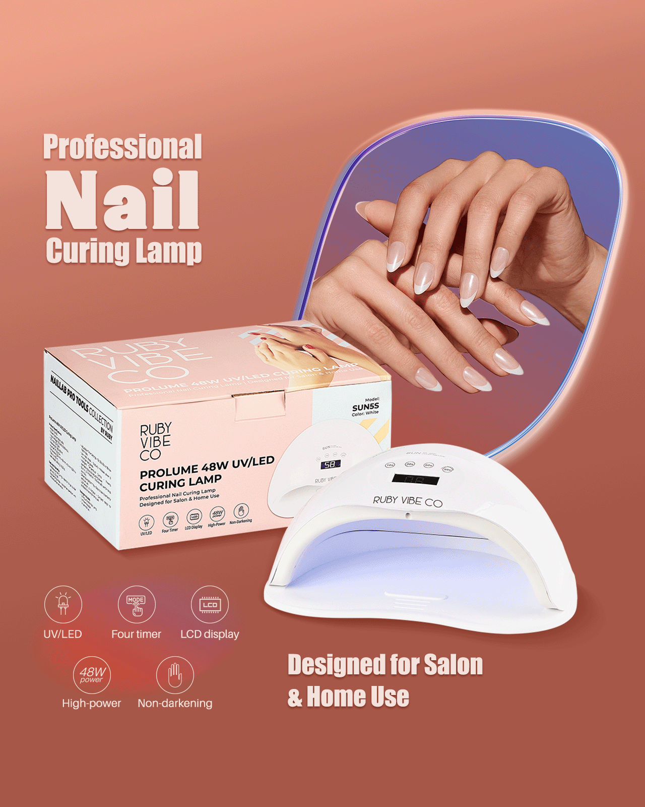 A professional 'Ruby Vibe Co' UV/LED nail curing lamp with a timer and high power, designed for curing gel nails at a salon or for home use.
