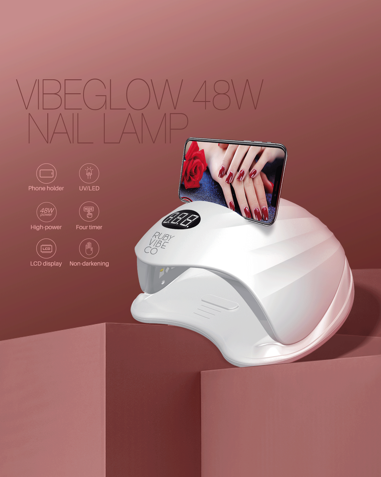 A 'Vibeglow 48W Nail Lamp' with a phone holder, showcasing its features for curing gel nails, including UV/LED light and an LCD display.