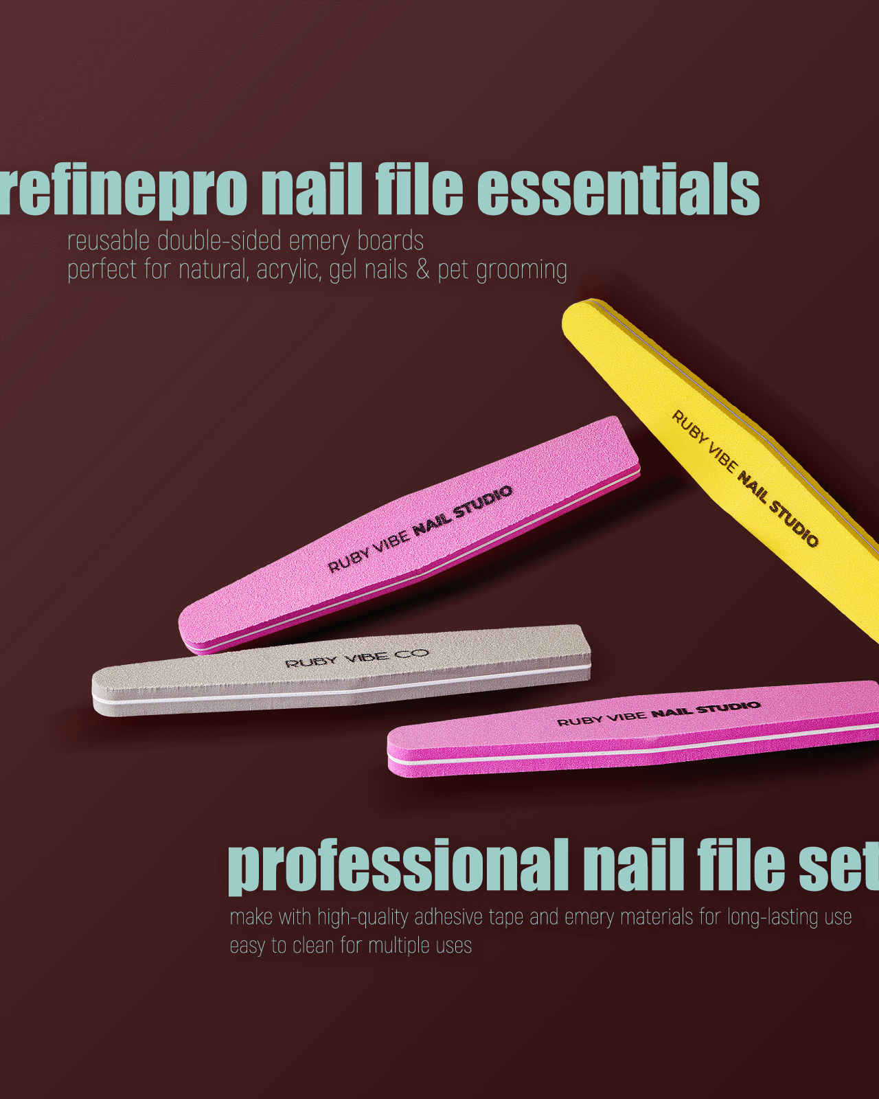 A set of three colorful, professional 'Ruby Vibe Nail Studio' nail files, reusable and perfect for shaping natural, acrylic, and gel nails.