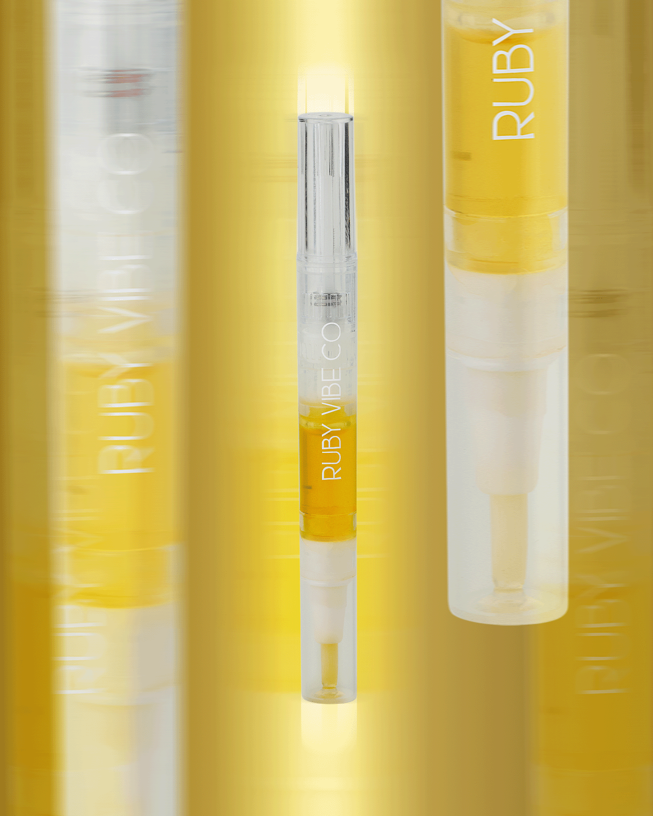 A close-up of a 'Ruby' cuticle oil pen, a key tool for moisturizing and conditioning cuticles as part of a gel nail care routine.