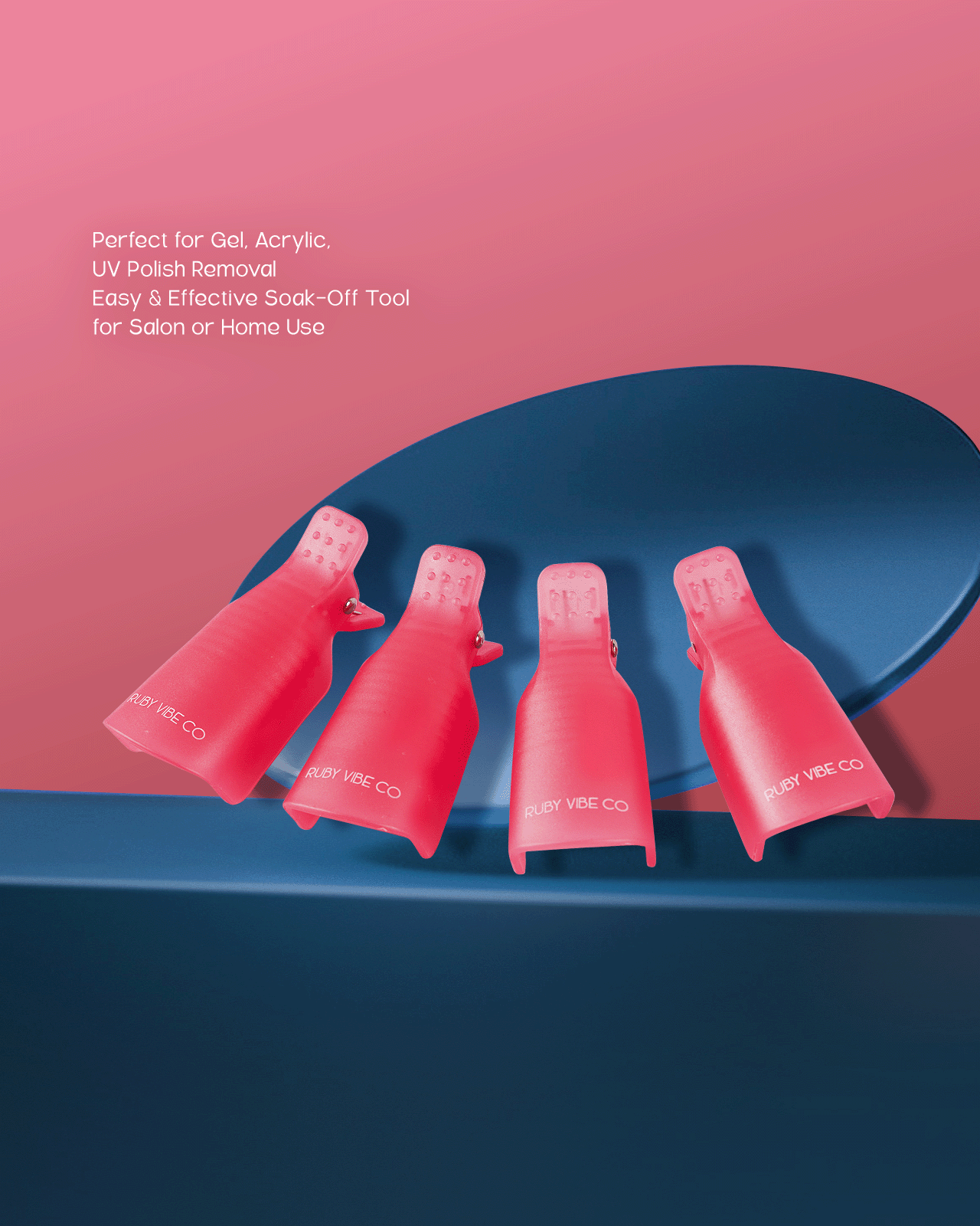 Four pink gel polish soak-off clips from 'Ruby Vibe Co,' an easy and effective tool for removing gel and acrylic nails at home or in a salon.