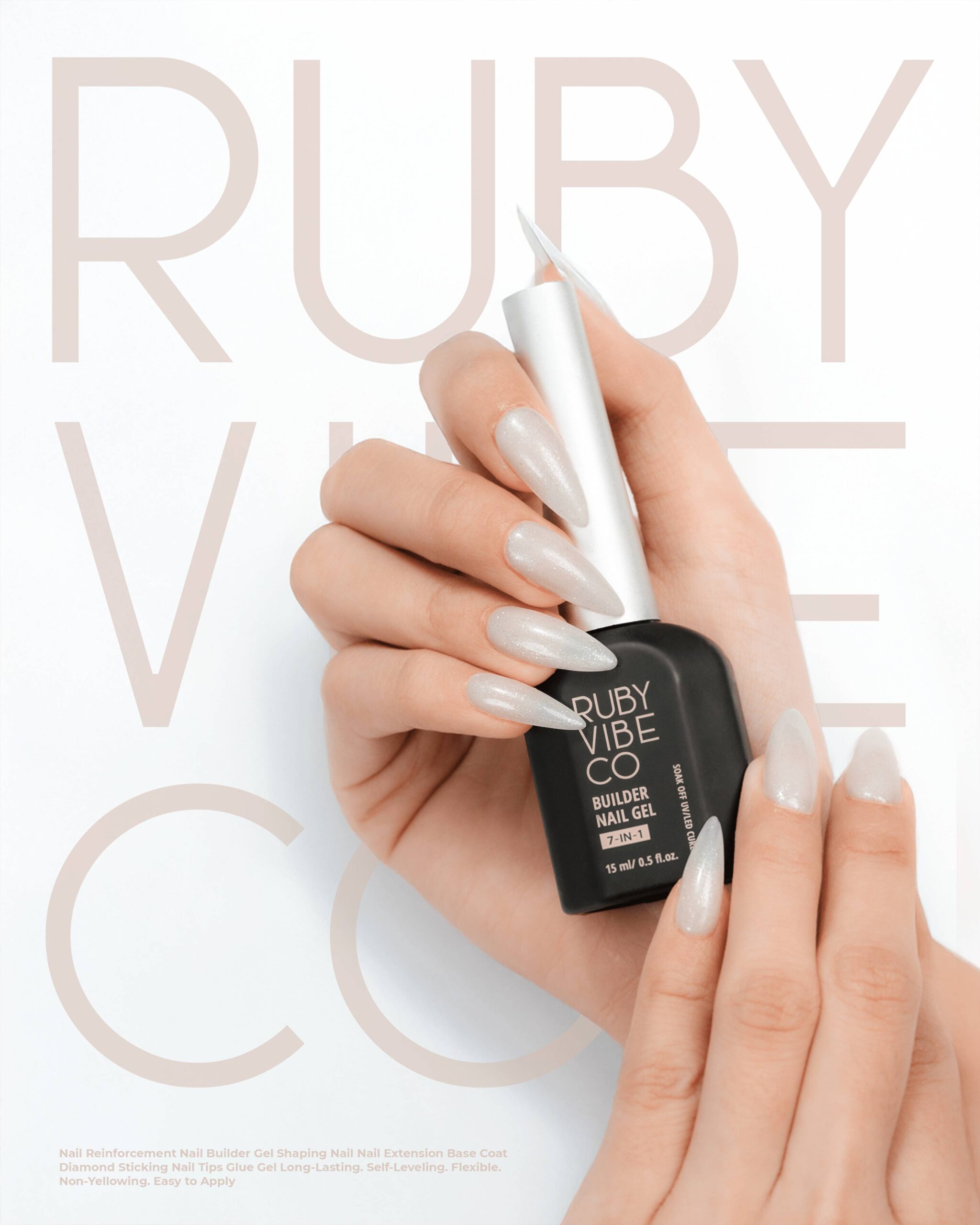 A person holding a bottle of 'Ruby Vibe Co Builder Nail Gel,' with their long, sculpted gel nails on display, showing the professional results achievable with the product.