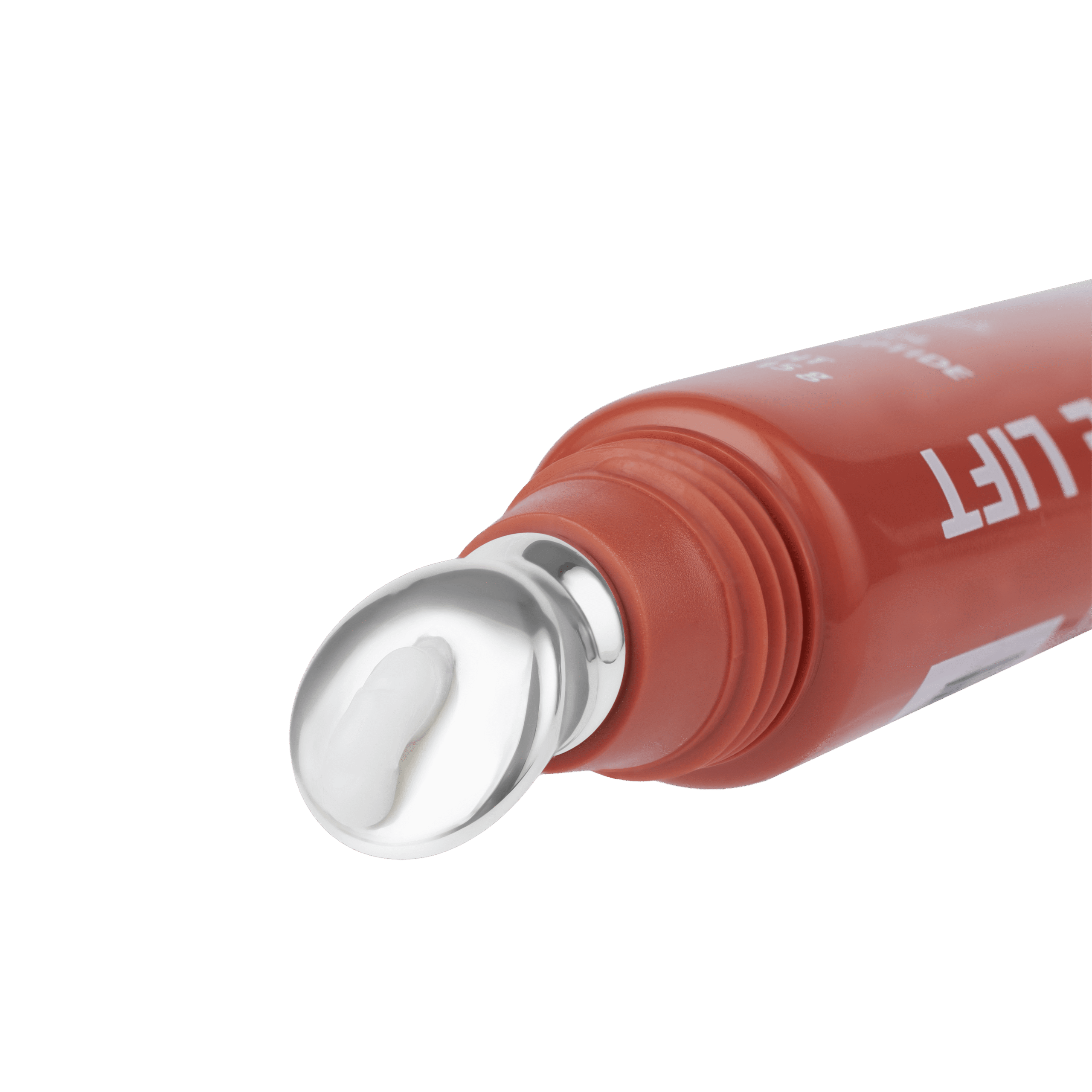 A close-up of a 'Ruby Vibe Co Twilight & Dawn Eye Cream' tube with a roller ball applicator, showcasing the anti-aging ingredients and making it easy to apply.