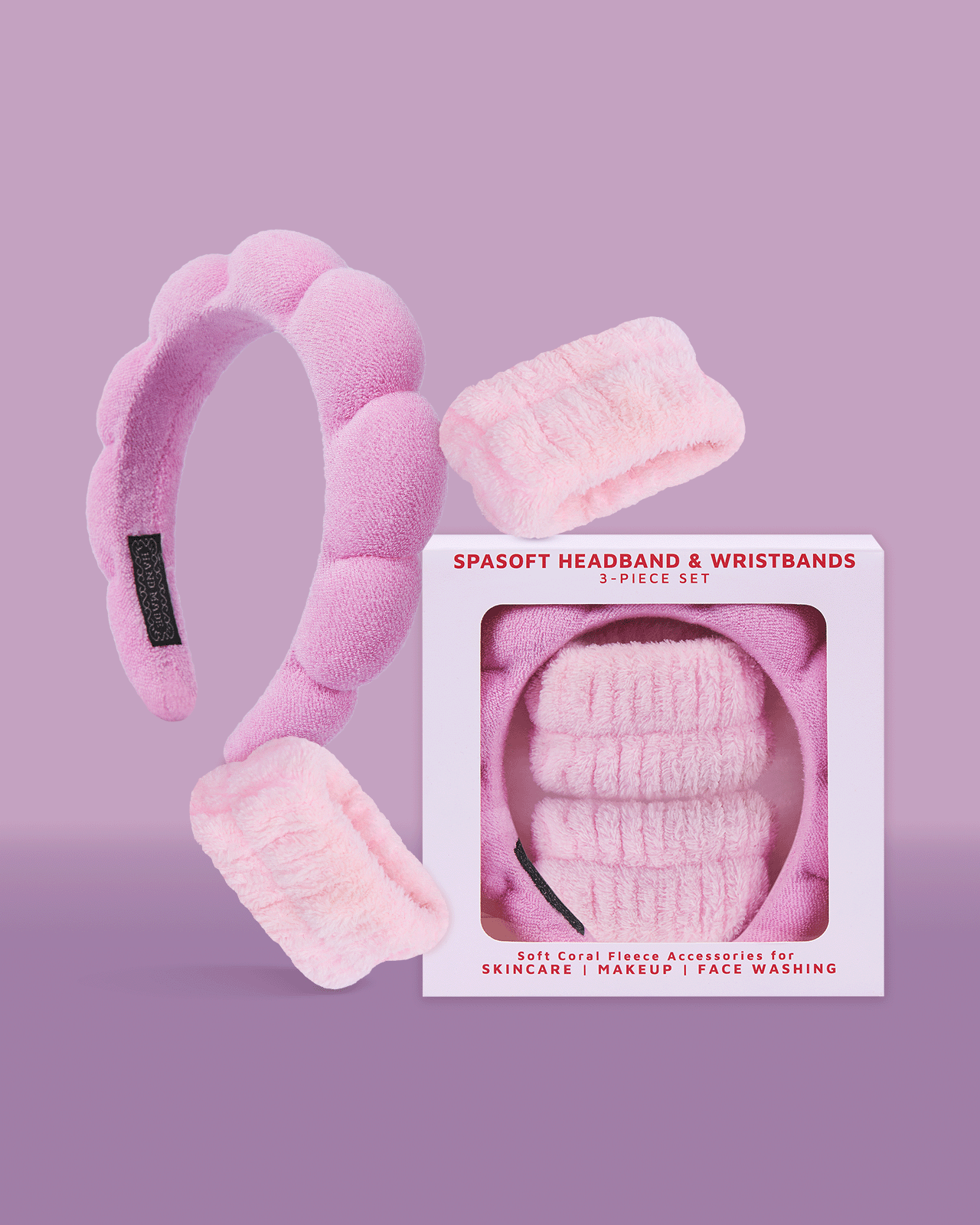A product shot of a 'Spasoft Headband & Wristbands' 3-piece set, a must-have accessory for a step-by-step skincare guide