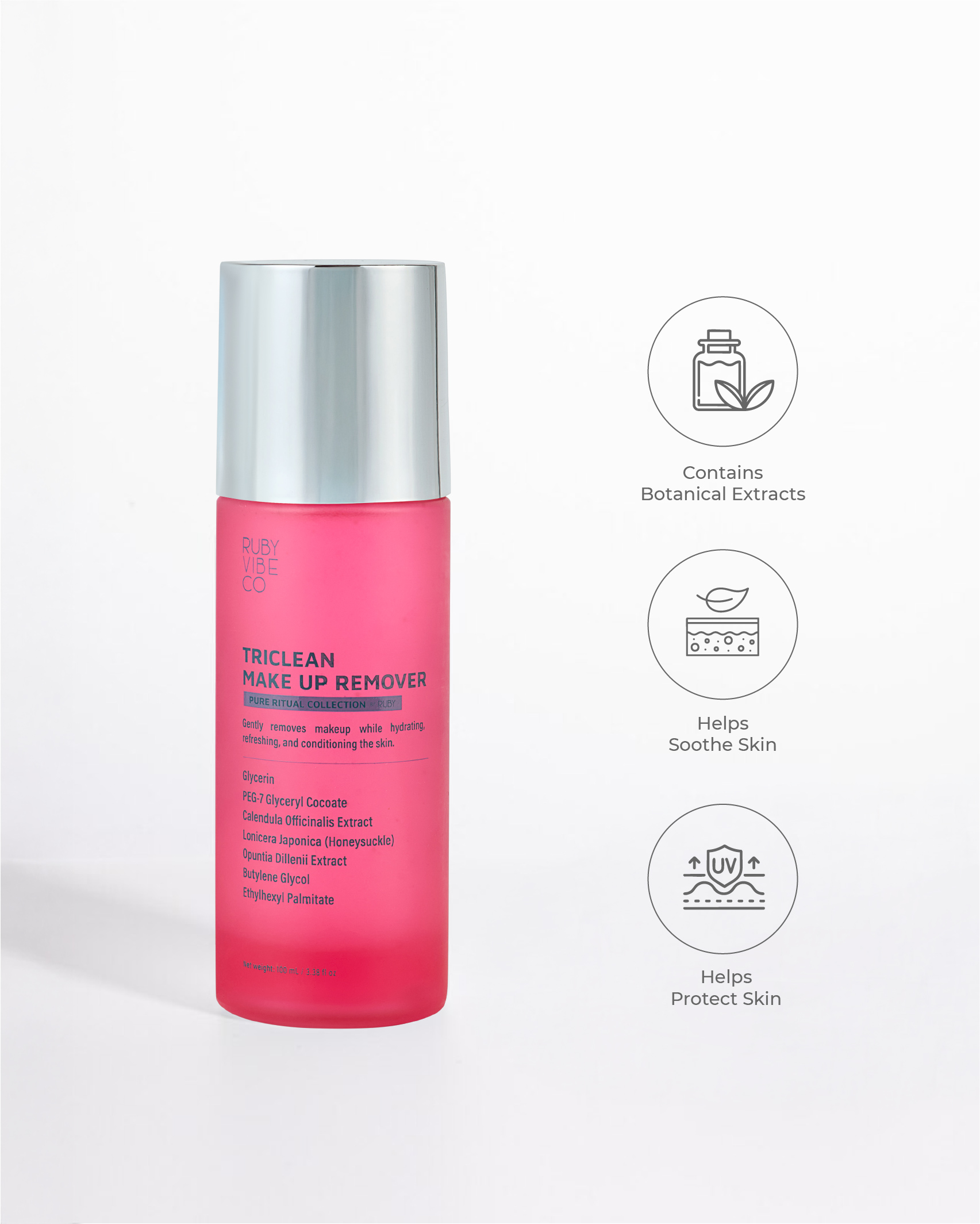 A product shot of the Ruby Vibe Co. Triclean Makeup Remover. The image highlights the benefits of the oil-based cleanser, including that it "Contains Botanical Extracts," "Helps Soothe Skin," and "Helps Protect Skin" with a UV symbol.