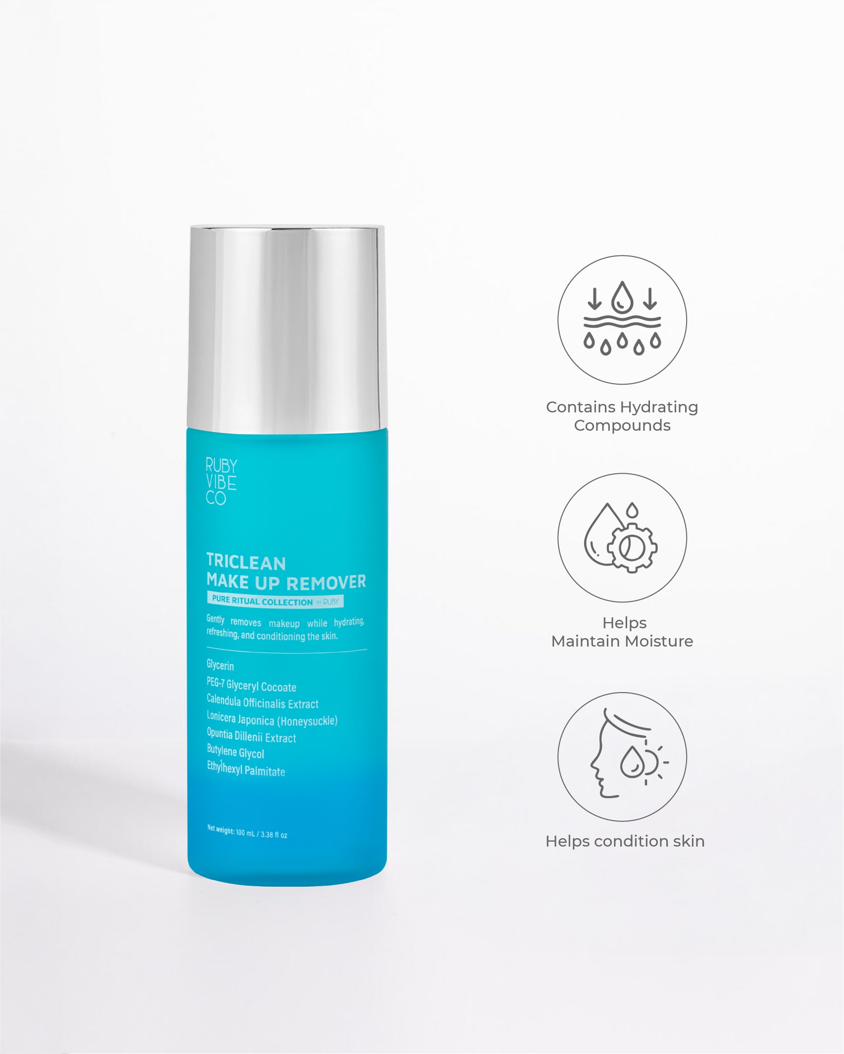 A product shot of a blue two-layer liquid 'Triclean Make Up Remover,' with icons and text describing benefits such as hydration, moisture, and skin conditioning.