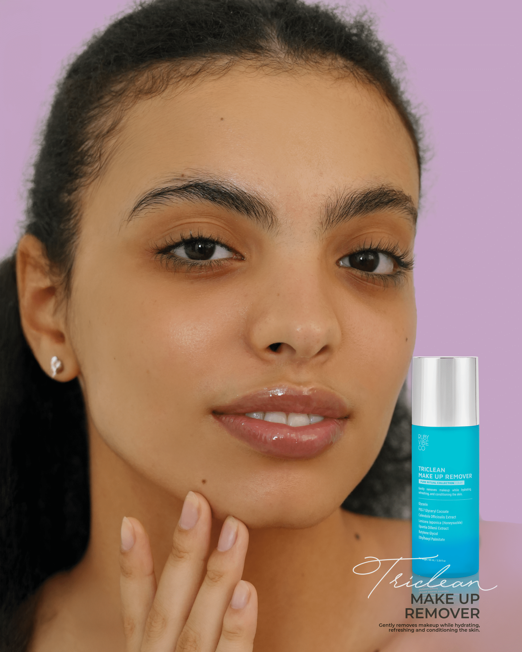 A portrait of a woman with a clean face, with a bottle of blue 'Triclean Make Up Remover' promoting a gentle and refreshing routine for glowing skin.