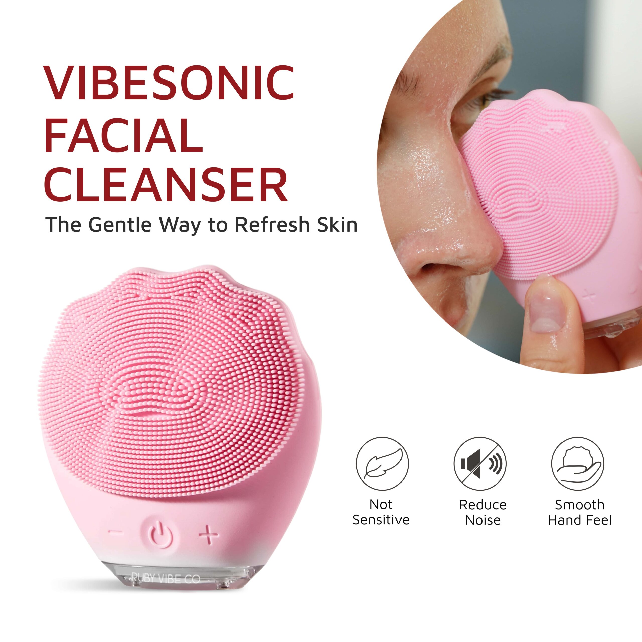 A product shot of a pink 'Vibesonic Facial Cleanser,' highlighting its benefits for gentle and non-sensitive skin, with a woman using the device in the background.