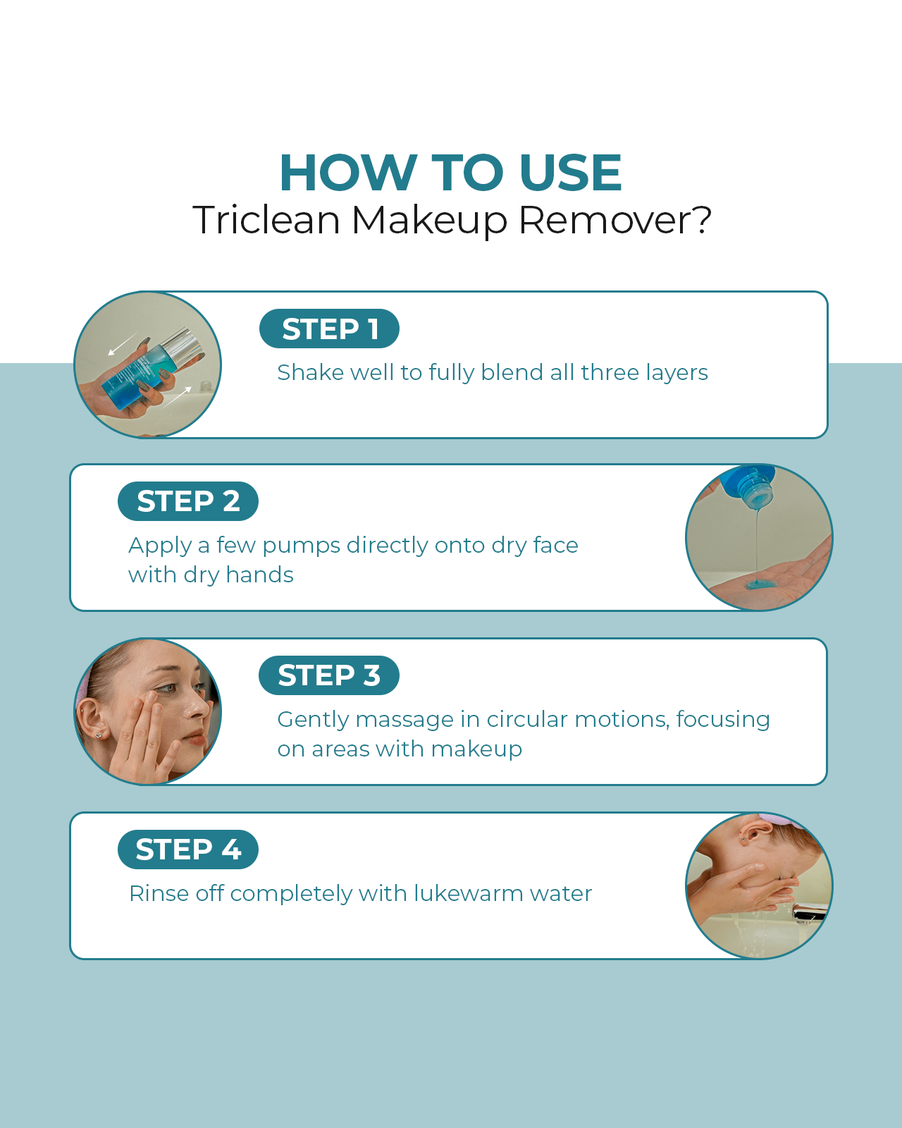 An infographic detailing the four steps of "How to Use Triclean Makeup Remover," from shaking the bottle to rinsing the face.