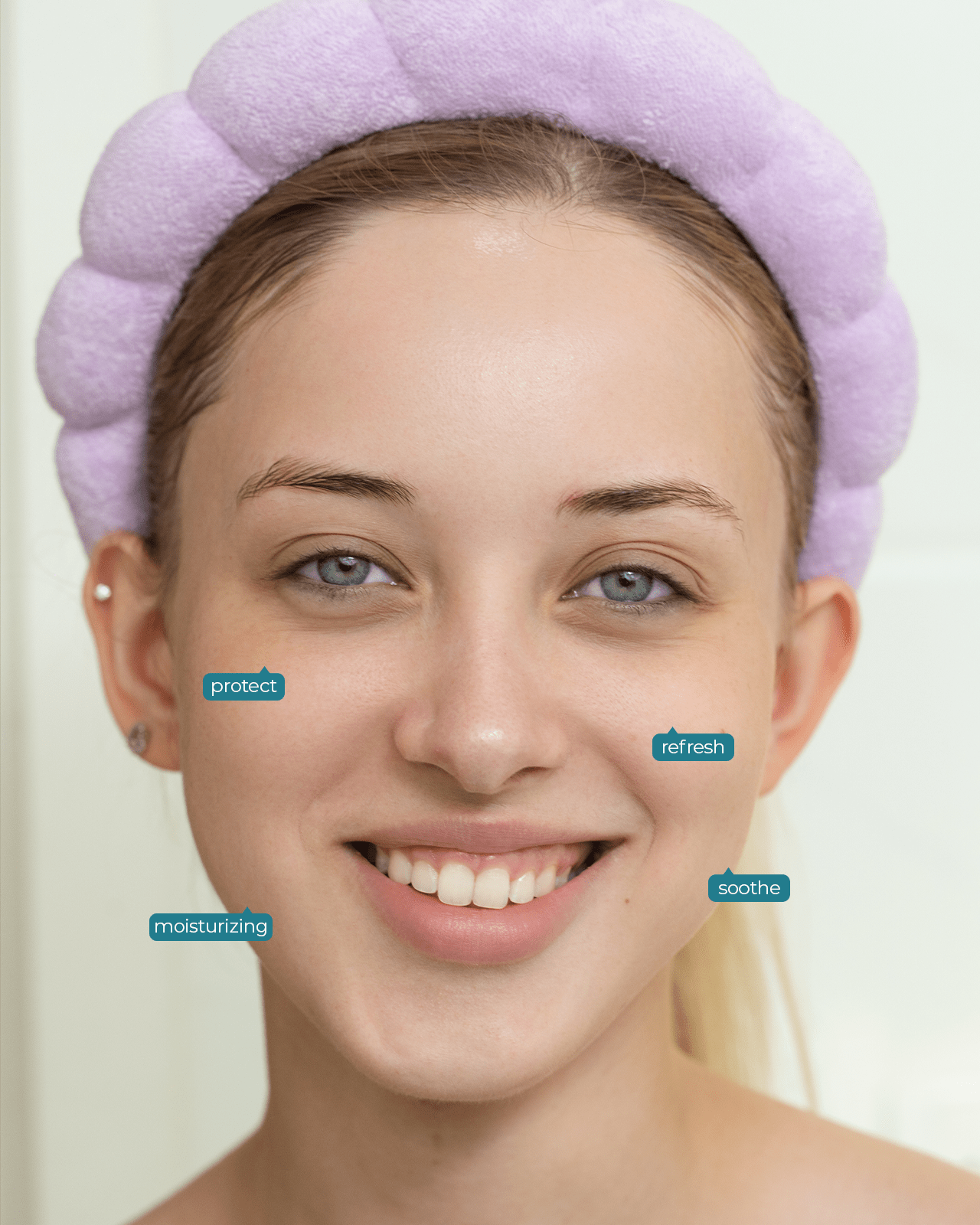 A close-up portrait of a smiling woman wearing a headband, with text bubbles pointing to her face to highlight skincare benefits like "protect," "moisturizing," "refresh," and "soothe."