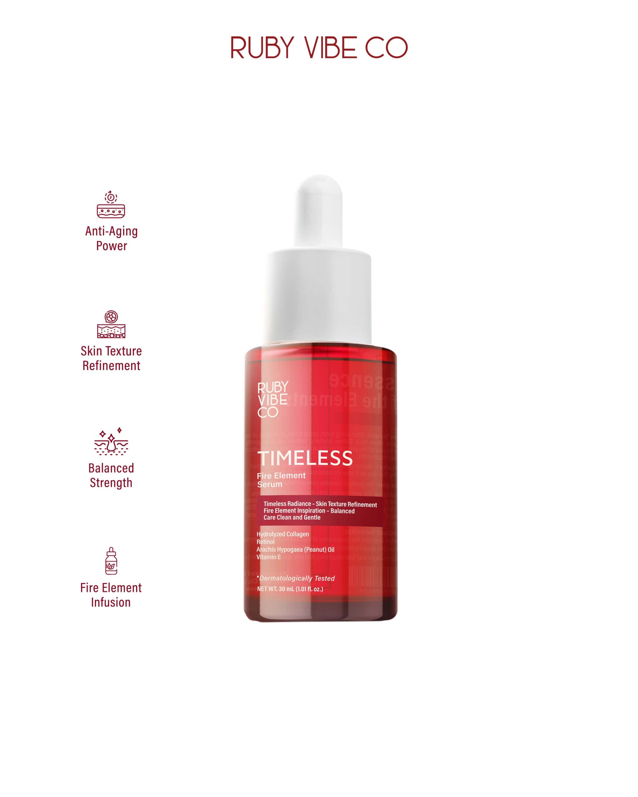 A product shot of a bottle of 'Ruby Vibe Co Timeless Fire Element Serum,' with callouts detailing its anti-aging, skin texture refinement, and skin-balancing properties.
