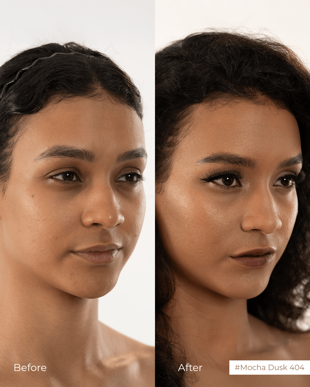 A "Before and After" comparison showing a model's skin, highlighting the smooth, fresh finish achieved with a makeup tutorial for oily skin.