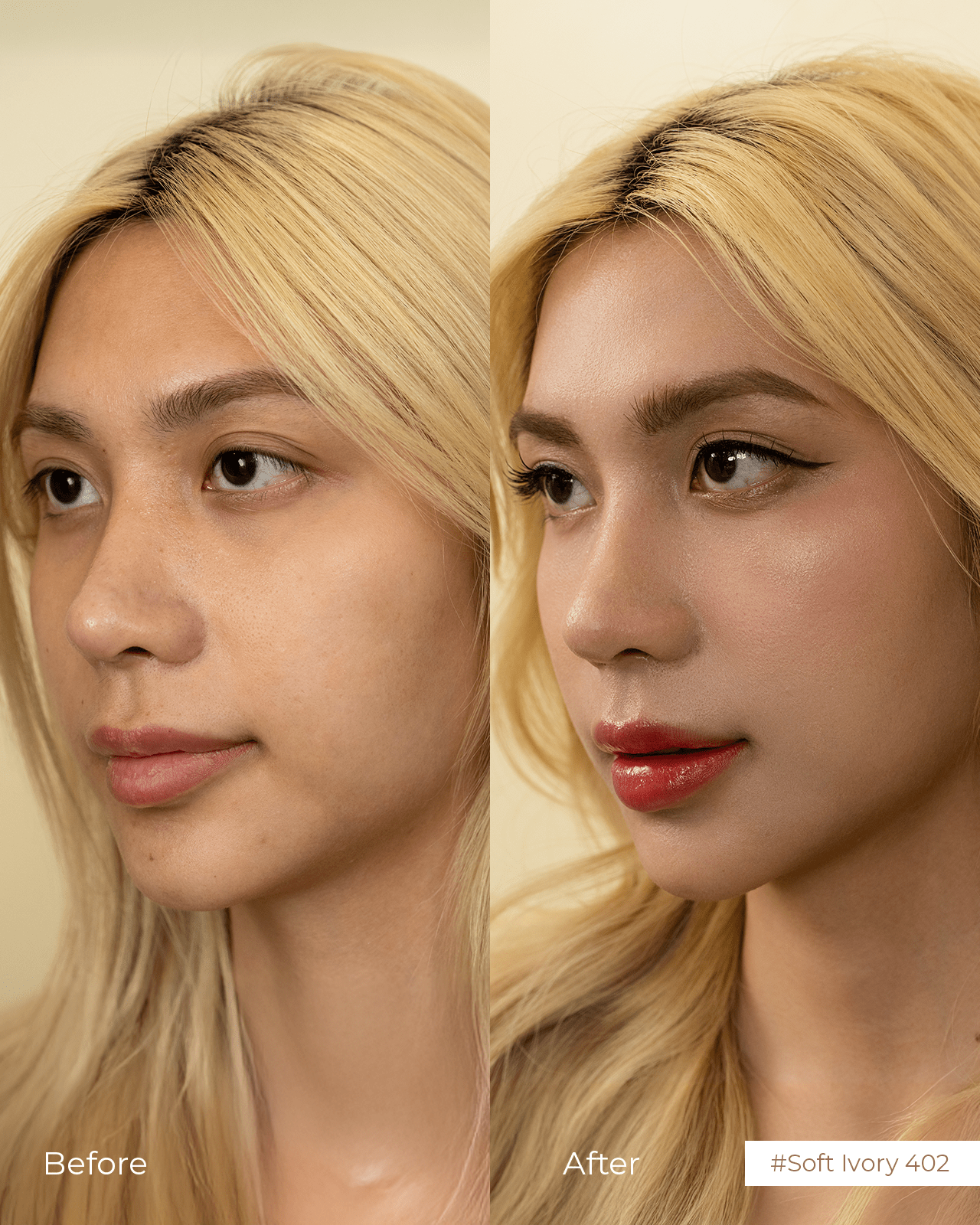 A split image showing a "Before" and "After" of a woman's face. The "Before" side shows her natural, un-made-up skin, while the "After" side shows her with a full face of makeup, including bold red lipstick. The caption indicates the product used as "#Soft Ivory 402.