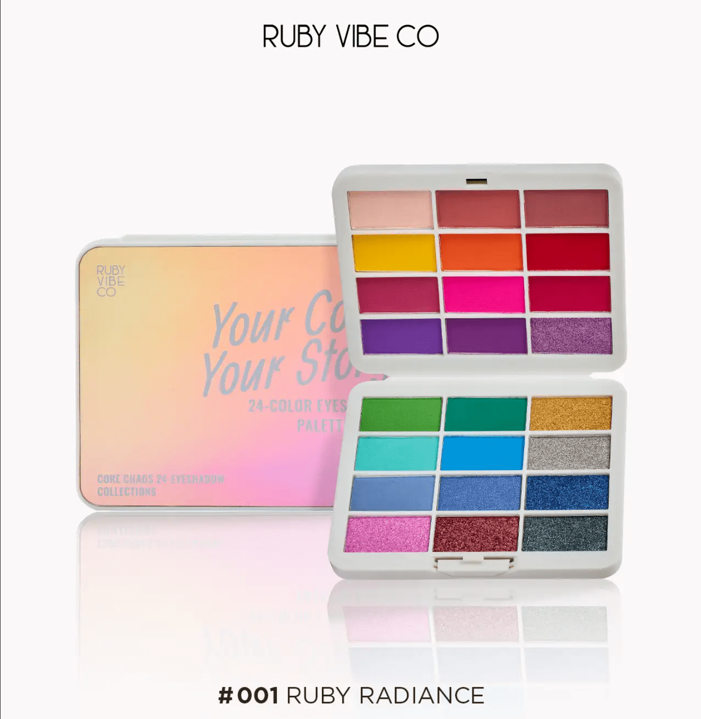 An open 'Ruby Vibe Co Your Color Your Story' 24-color eyeshadow palette, featuring a range of fun, bright, and glittery shades perfect for teens.