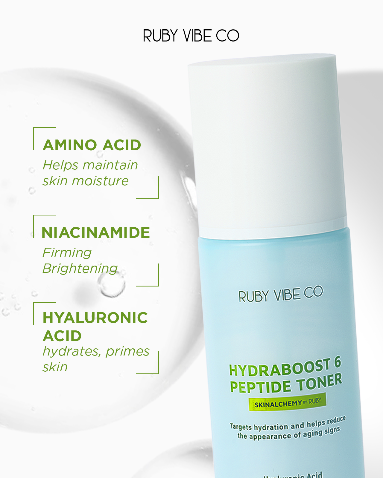 A product shot of 'Ruby Vibe Co Hydraboost 6 Peptide Toner' with text bubbles explaining its key ingredients like Amino Acid and Niacinamide for gentle skincare.