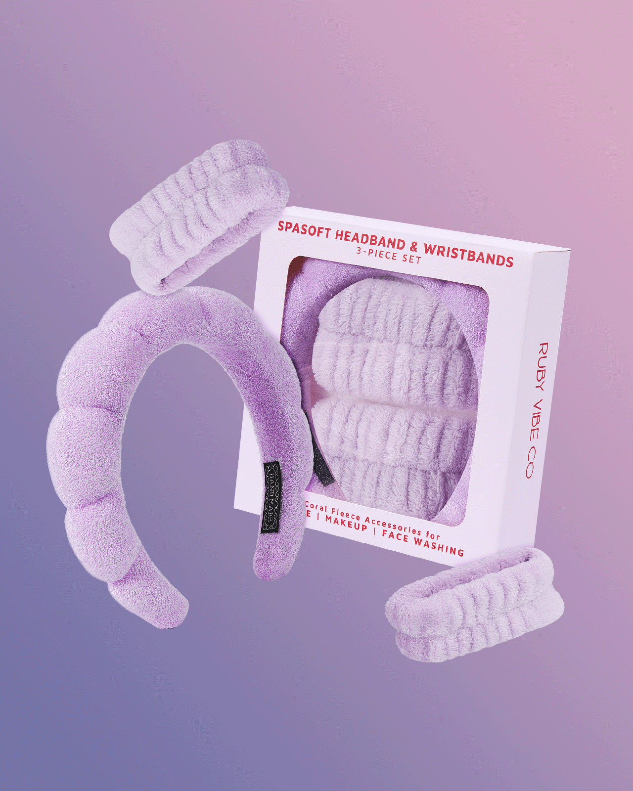 A product shot of a 'Spasoft Headband & Wristbands' set, highlighting this must-have accessory for a complete skincare routine.