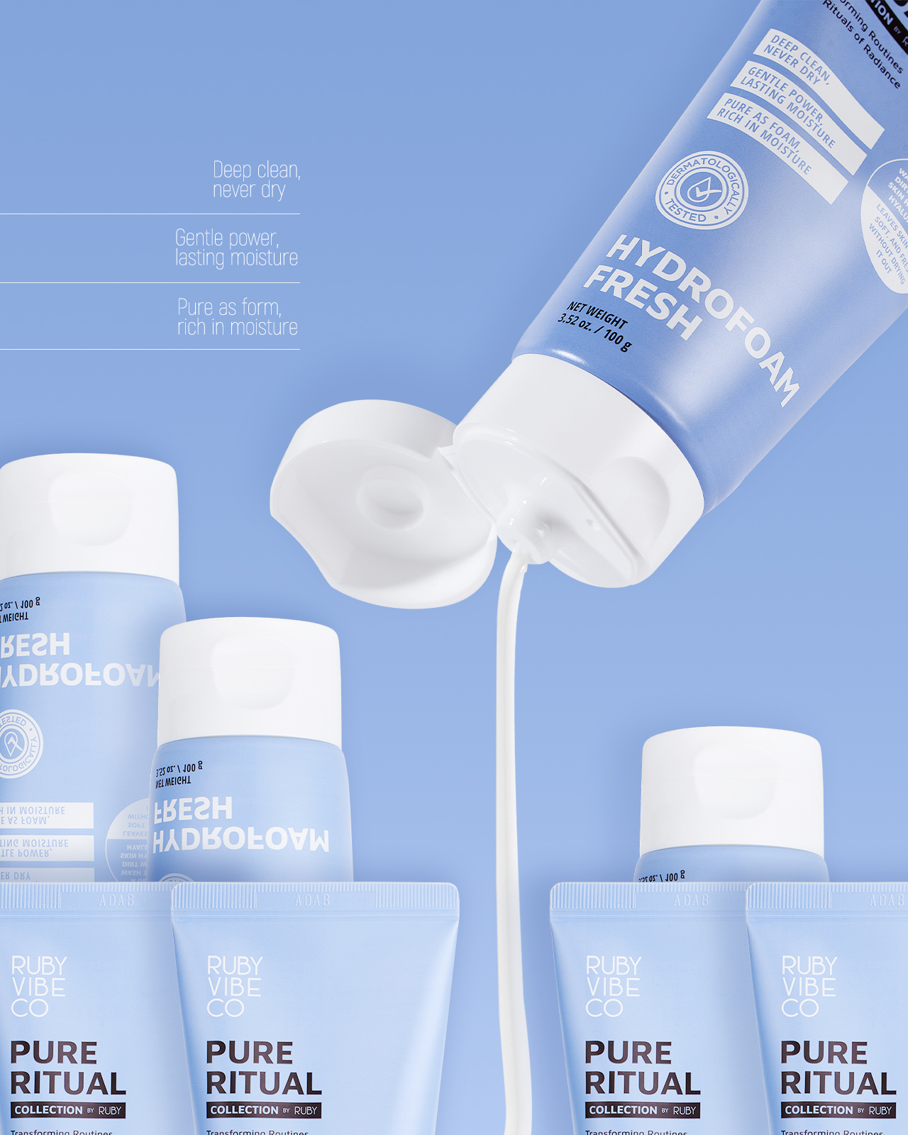 A product shot of 'Hydrofoam Fresh' cleansers, with callouts for benefits like "Deep clean, never dry," helping users find a perfect cleanser for their skin.