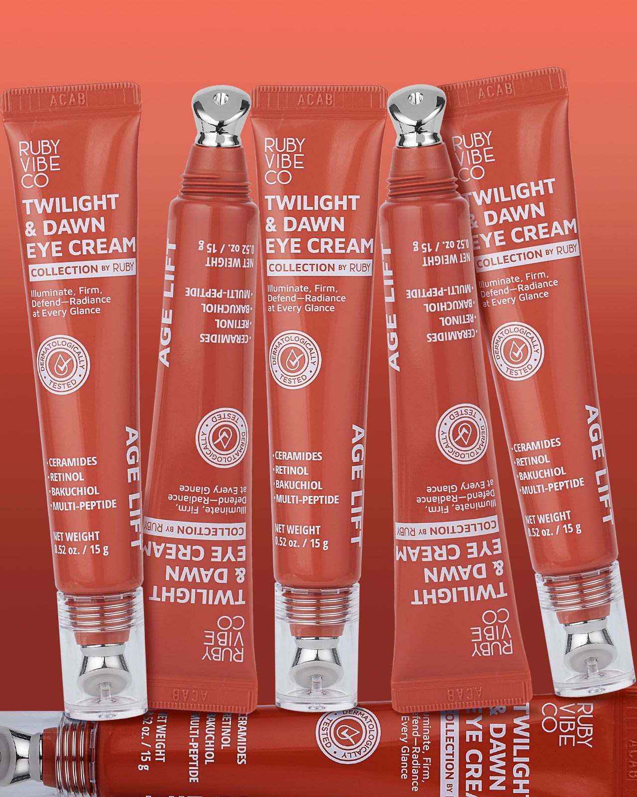 A product shot of five tubes of 'Ruby Vibe Co Twilight & Dawn Eye Cream,' with packaging that highlights key ingredients like retinol, ceramides, and multi-peptides.