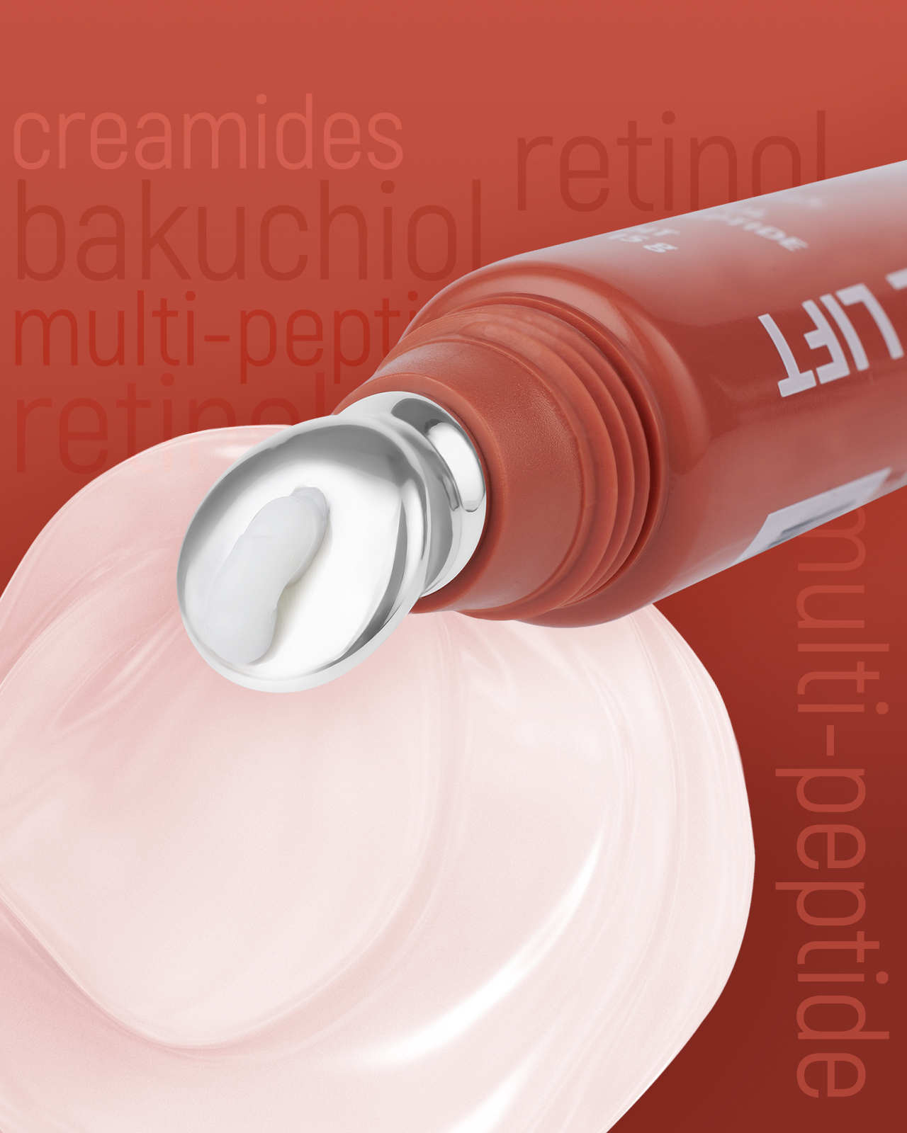 A close-up of a 'Ruby Vibe Co Twilight & Dawn Eye Cream' tube with a roller ball applicator, showcasing the anti-aging ingredients and making it easy to apply.