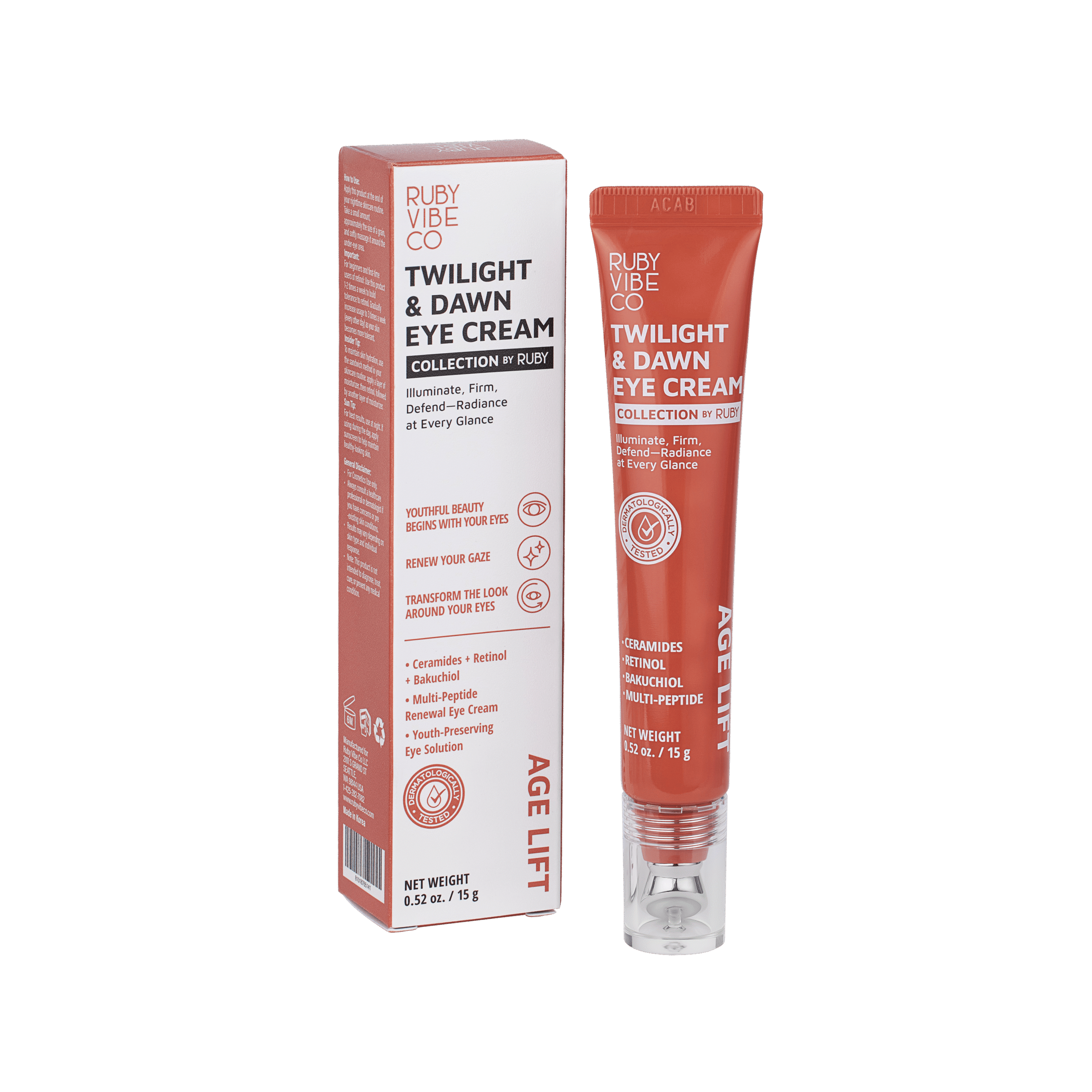 A product shot of a 'Ruby Vibe Co Twilight & Dawn Eye Cream' tube and its packaging, highlighting the benefits of retinol and bakuchiol for transforming the look around the eyes.