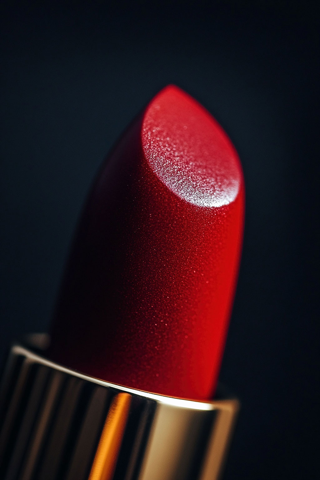 A macro, close-up shot of a shimmery red lipstick bullet in a gold tube, set against a dark, moody background.