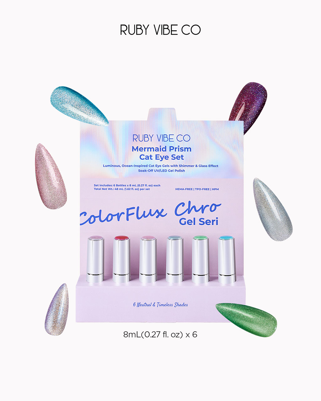 A product shot of the Ruby Vibe Co "Mermaid Prism Cat Eye Set," showing the packaging, six bottles of gel polish, and colorful swatches.