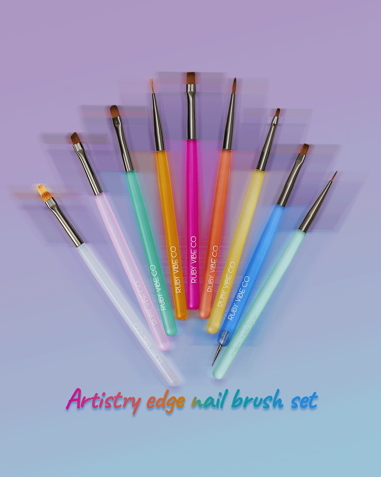 A fan-like display of colorful nail art brushes from the Ruby Vibe Co. Artistry Edge set. The brushes have different tips for various applications, providing a guide to the tools needed to create detailed and creative fall nail designs.