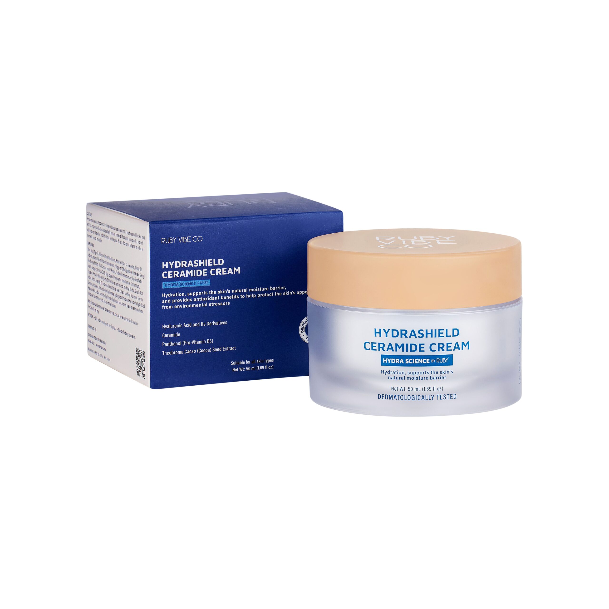 A product shot of Ruby Vibe Co. Hydrashield Ceramide Cream, highlighting the packaging that lists key ingredients and benefits for oily skin.