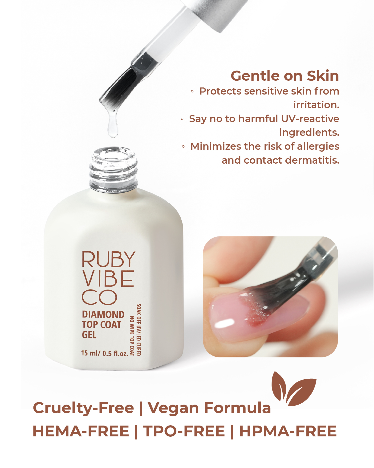  A promotional graphic for a "Diamond Top Coat Gel" bottle, highlighting its cruelty-free, vegan, and gentle-on-skin formula with a close-up image of the brush and gel.