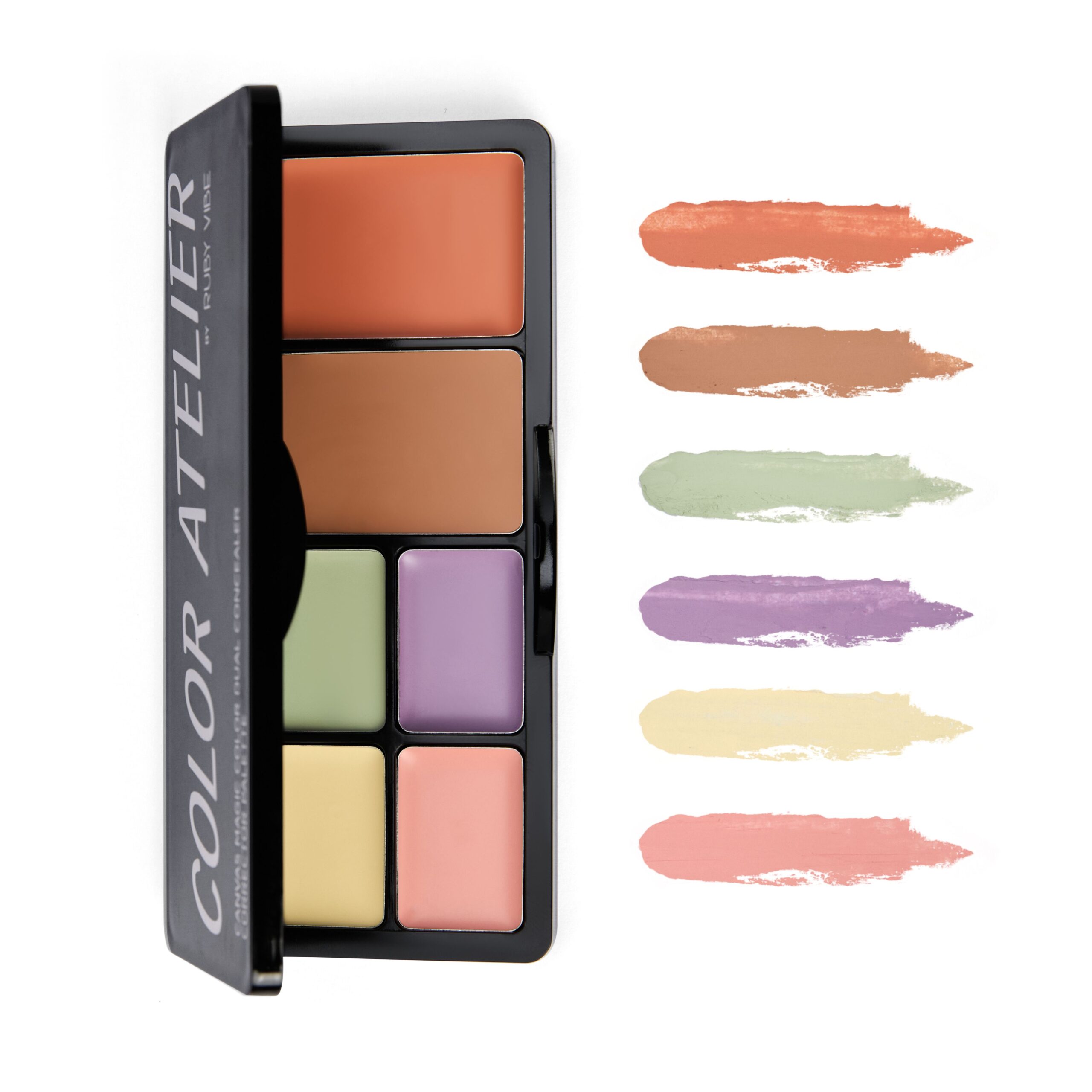 A color-correcting concealer palette with swatches, showcasing shades like peach and yellow designed to counteract and brighten dark circles.