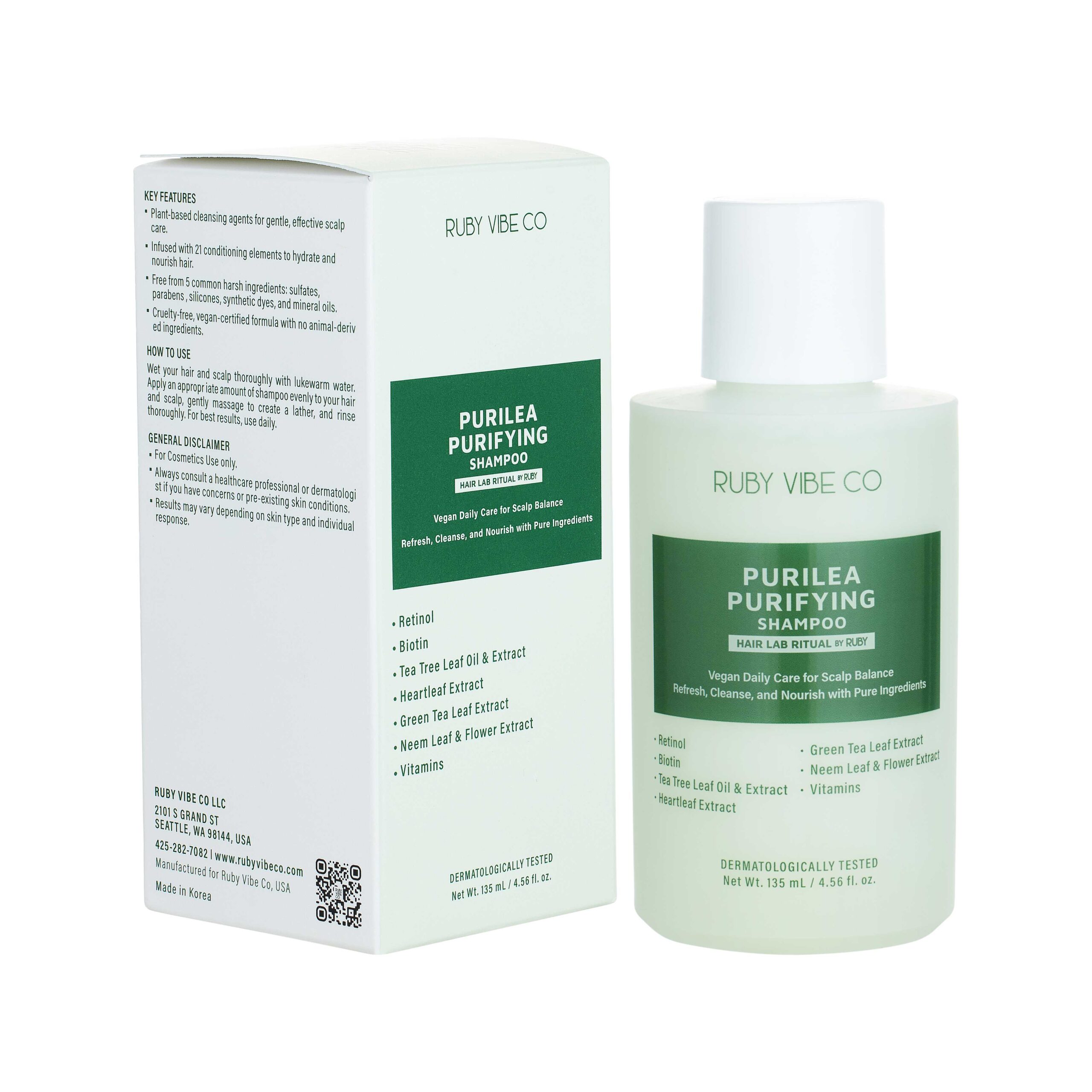 A product shot of Ruby Vibe Co. Purilea Purifying Shampoo with its packaging, highlighting the key ingredients list on the box and bottle, such as Retinol, Biotin, and various extracts.