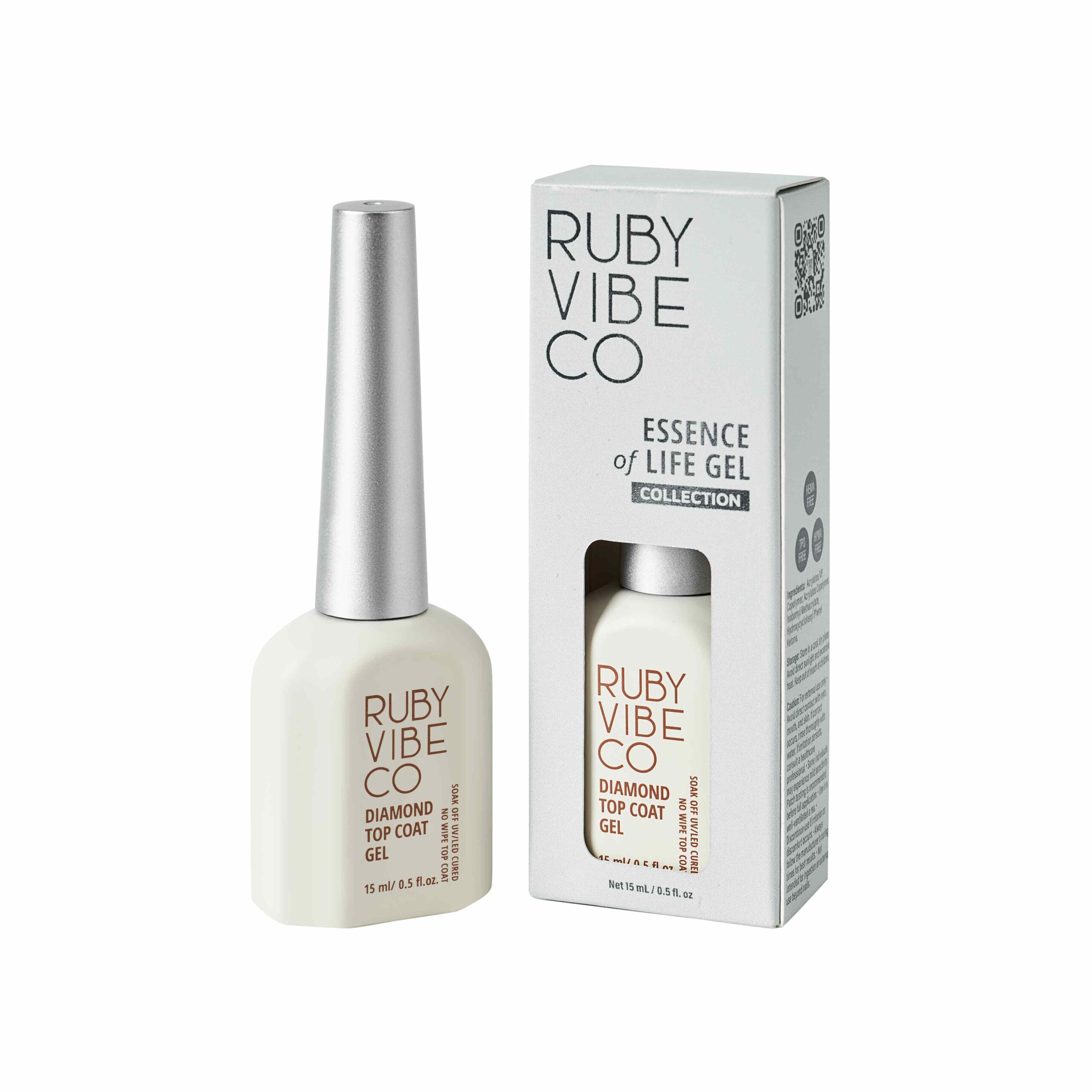 A Ruby Vibe Co. Diamond Top Coat Gel bottle alongside its white packaging. This image showcases a high-quality product essential for sealing and protecting Halloween nail designs, ensuring they remain vibrant and long-lasting.
