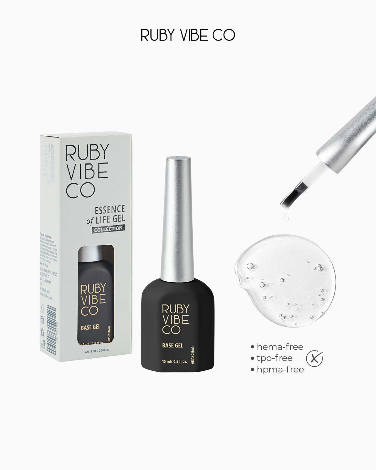 DIY chrome nails: Ruby Vibe Co base gel for preparing nails, shown with its packaging and liquid texture.