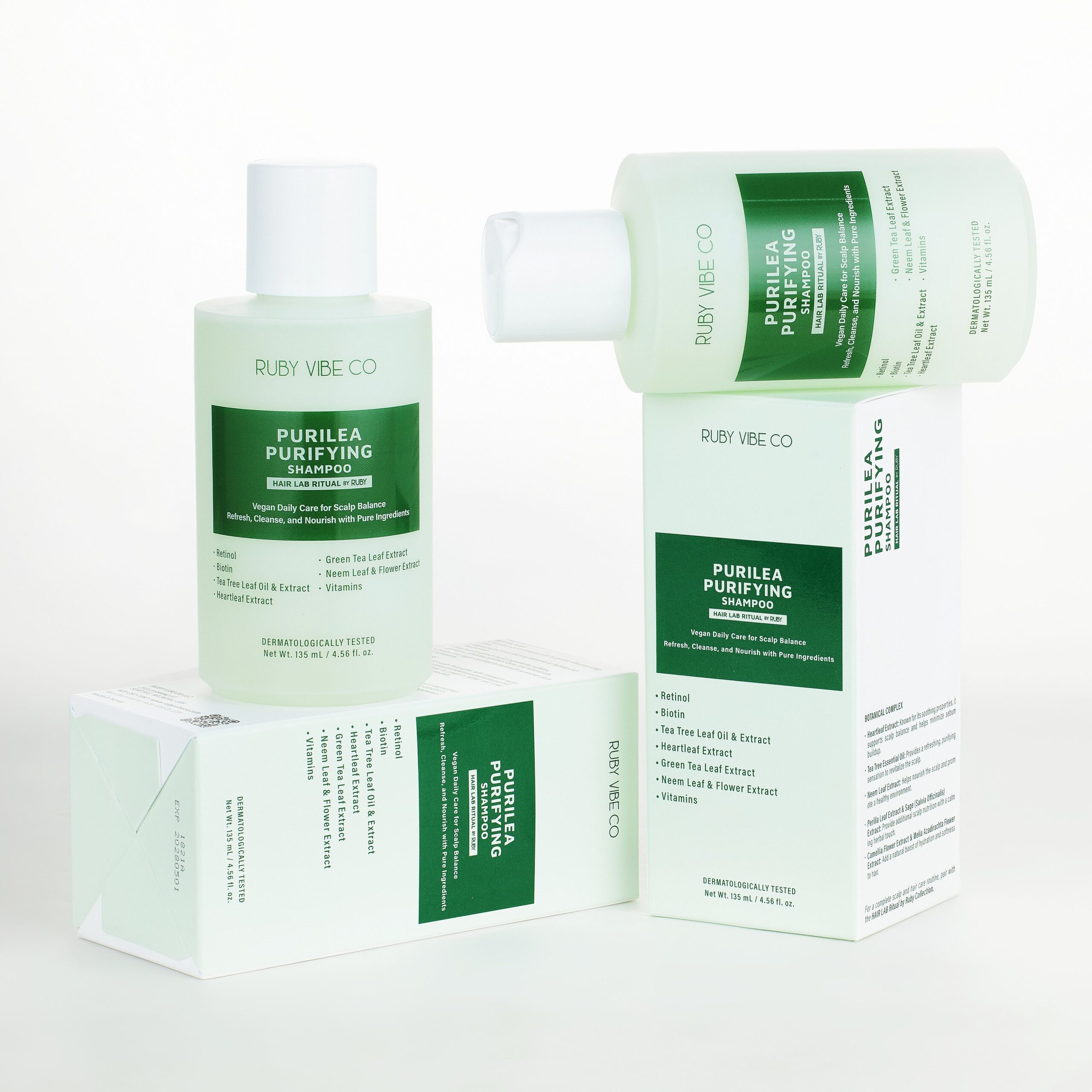 A product shot of Purilea Purifying Shampoo by Ruby Vibe Co., showcasing the main product for a complete hair loss care routine.